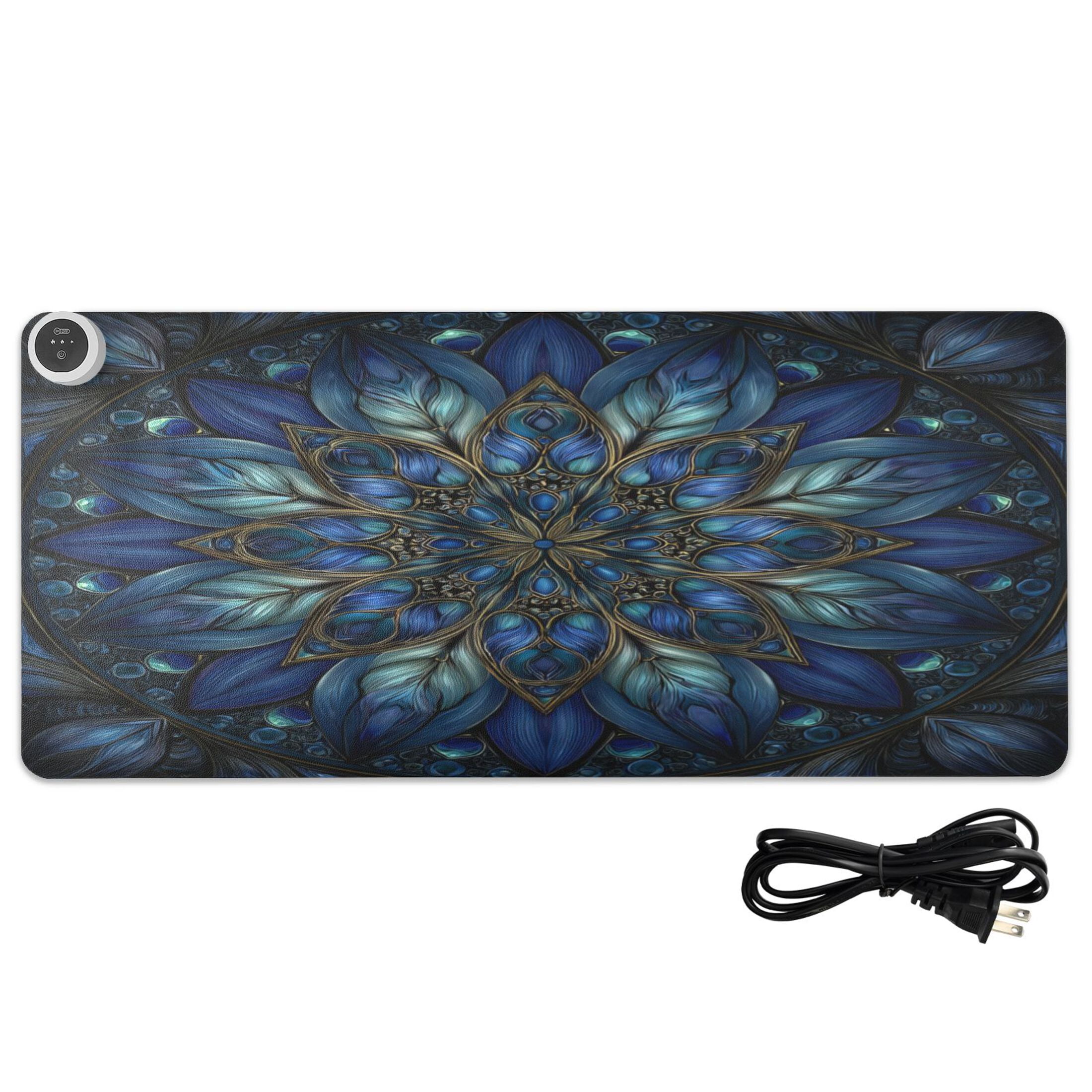 Large Heated Desk Mat Mouse Pad 31.5"x13"PU Leather Graphene Heating Desk Warmer with 3 Temperature Settings 110V US Plug Non-Slip Warm Pad for Home, Office, and Gaming Blue Glass Flower Petals