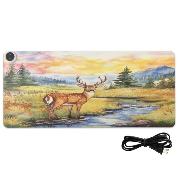 Large Heated Desk Mat Mouse Pad 31.5"x13"PU Leather Graphene Heating Desk Warmer with 3 Temperature Settings 110V US Plug Non-Slip Warm Pad for Home, Office, and Gaming Sunset Mountain Stream Deer