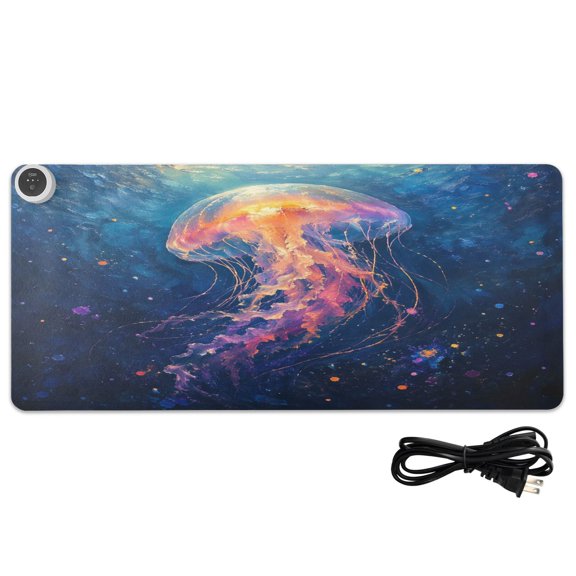 Large Heated Desk Mat Mouse Pad 31.5"x13"PU Leather Graphene Heating Desk Warmer with 3 Temperature Settings 110V US Plug Non-Slip Warm Pad for Home, Office, and Gaming Sea Jellyfish Art Print