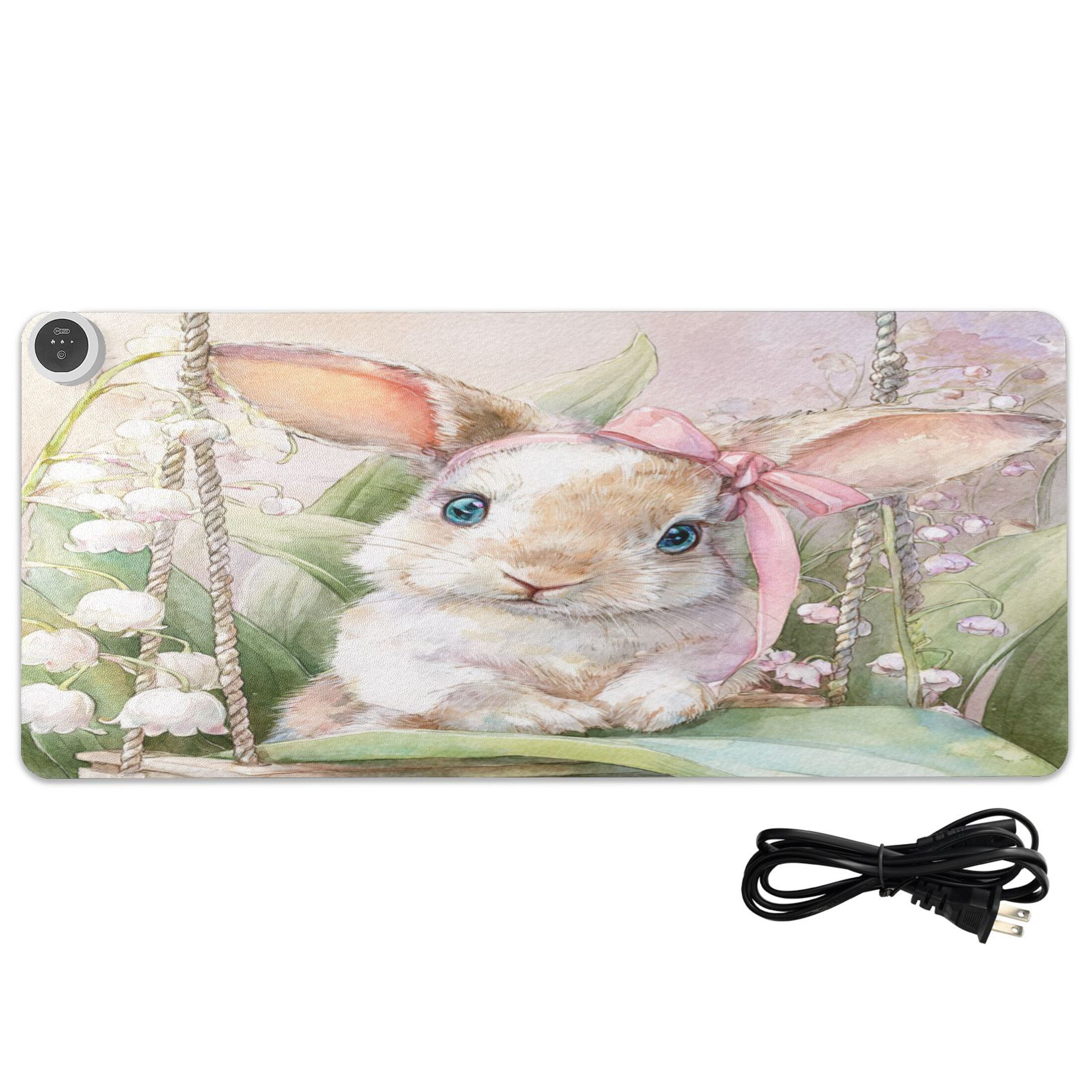 Large Heated Desk Mat Mouse Pad 31.5"x13"PU Leather Graphene Heating Desk Warmer with 3 Temperature Settings 110V US Plug Non-Slip Warm Pad for Home, Office, and Gaming Pink Bow Bunny Art