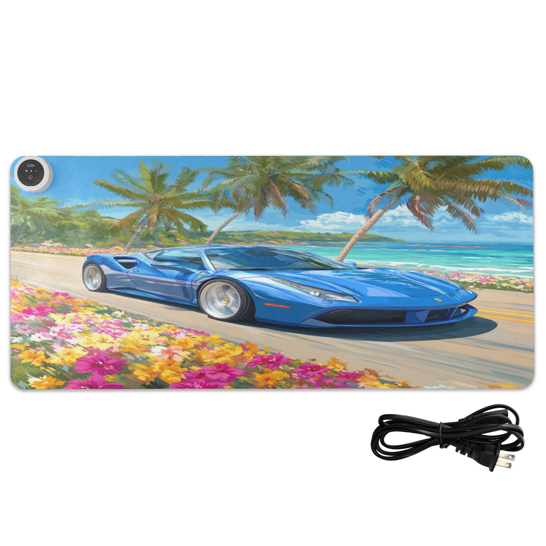 Large Heated Desk Mat Mouse Pad 31.5"x13"PU Leather Graphene Heating Desk Warmer with 3 Temperature Settings 110V US Plug Non-Slip Warm Pad for Home, Office, and Gaming Blue Sports Car by The Beach