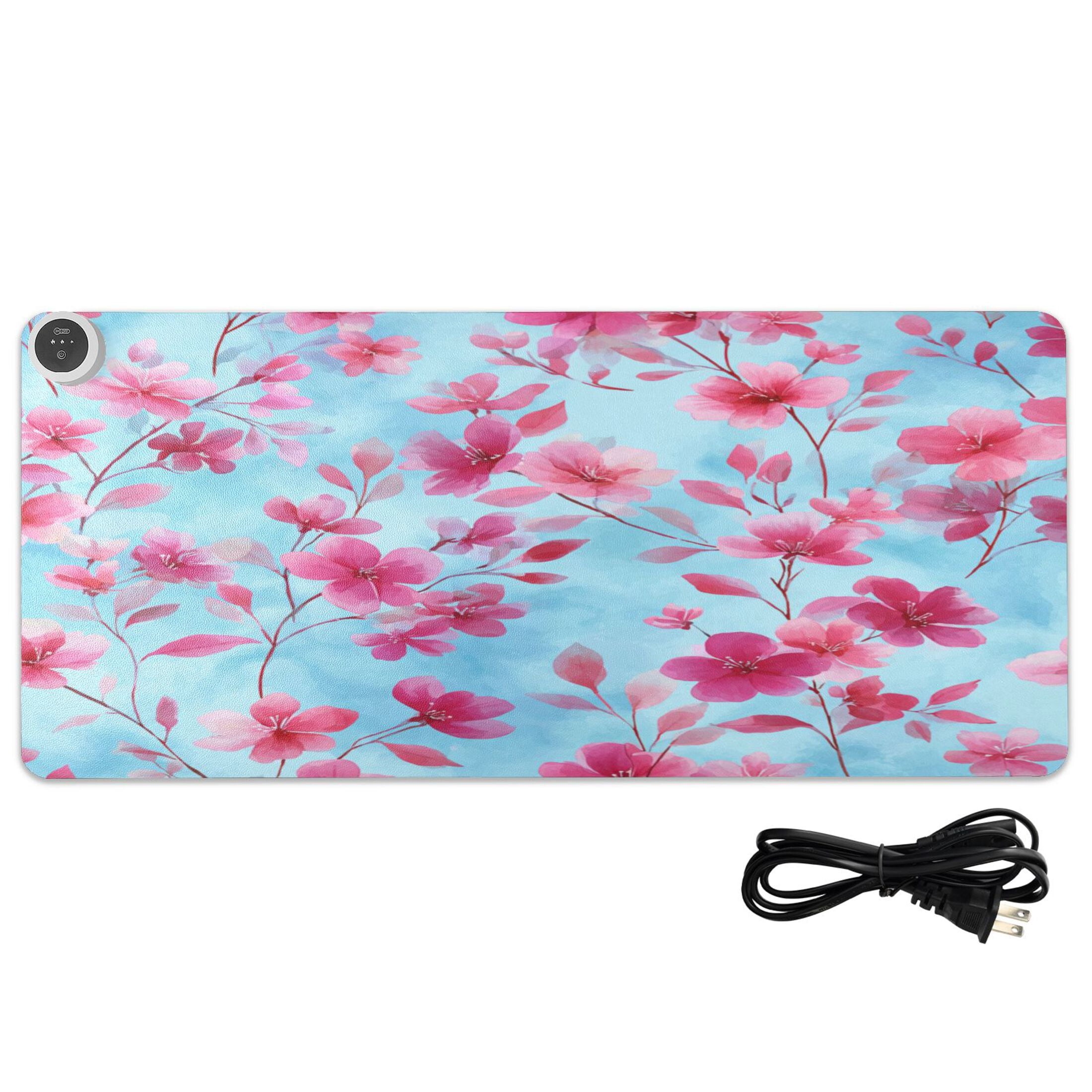 Large Heated Desk Mat Mouse Pad 31.5"x13"PU Leather Graphene Heating Desk Warmer with 3 Temperature Settings 110V US Plug Non-Slip Warm Pad for Home, Office, and Gaming Cute Pink Delicate Flowers