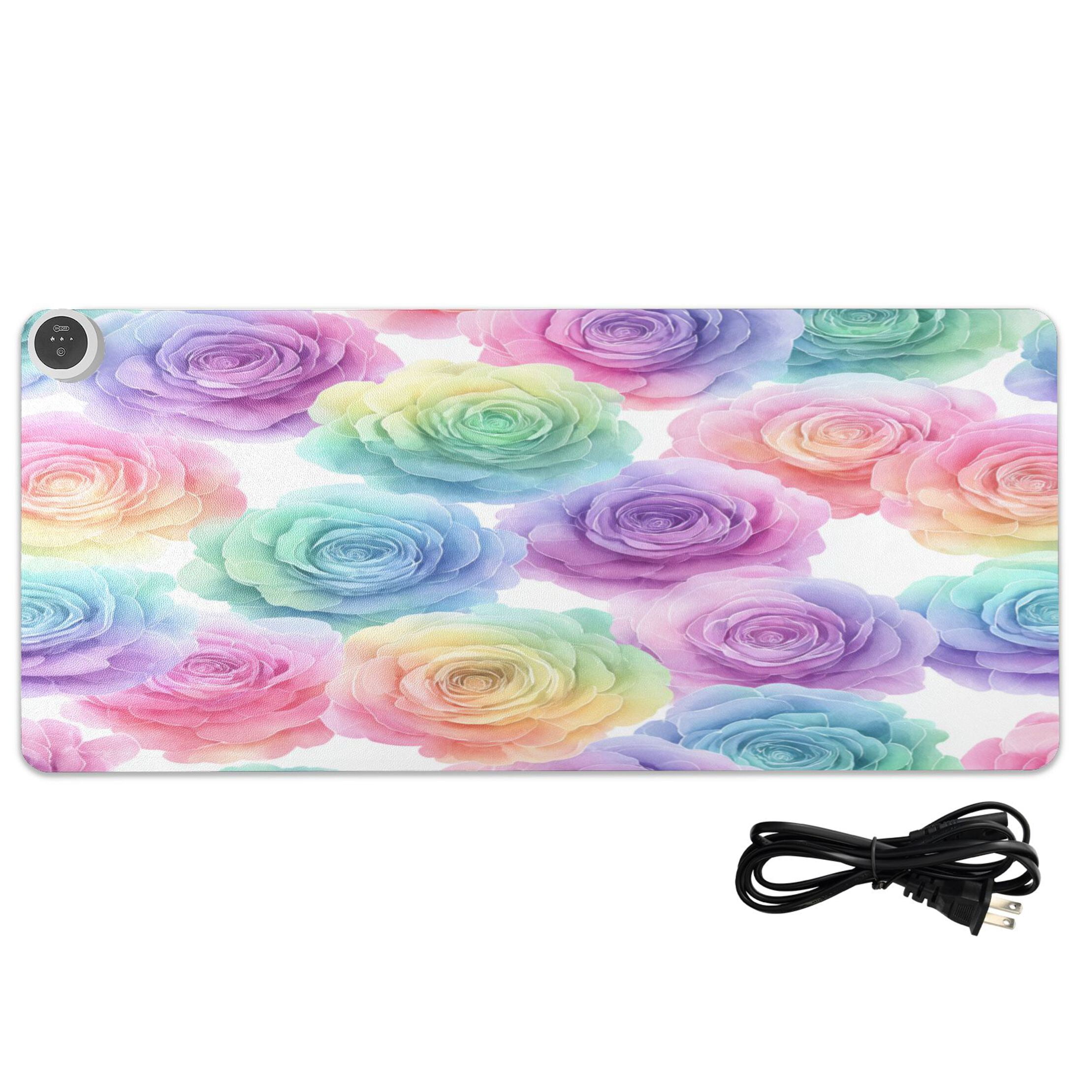 Large Heated Desk Mat Mouse Pad 31.5"x13"PU Leather Graphene Heating Desk Warmer with 3 Temperature Settings 110V US Plug Non-Slip Warm Pad for Home, Office, and Gaming Little Rainbow Rose Garden