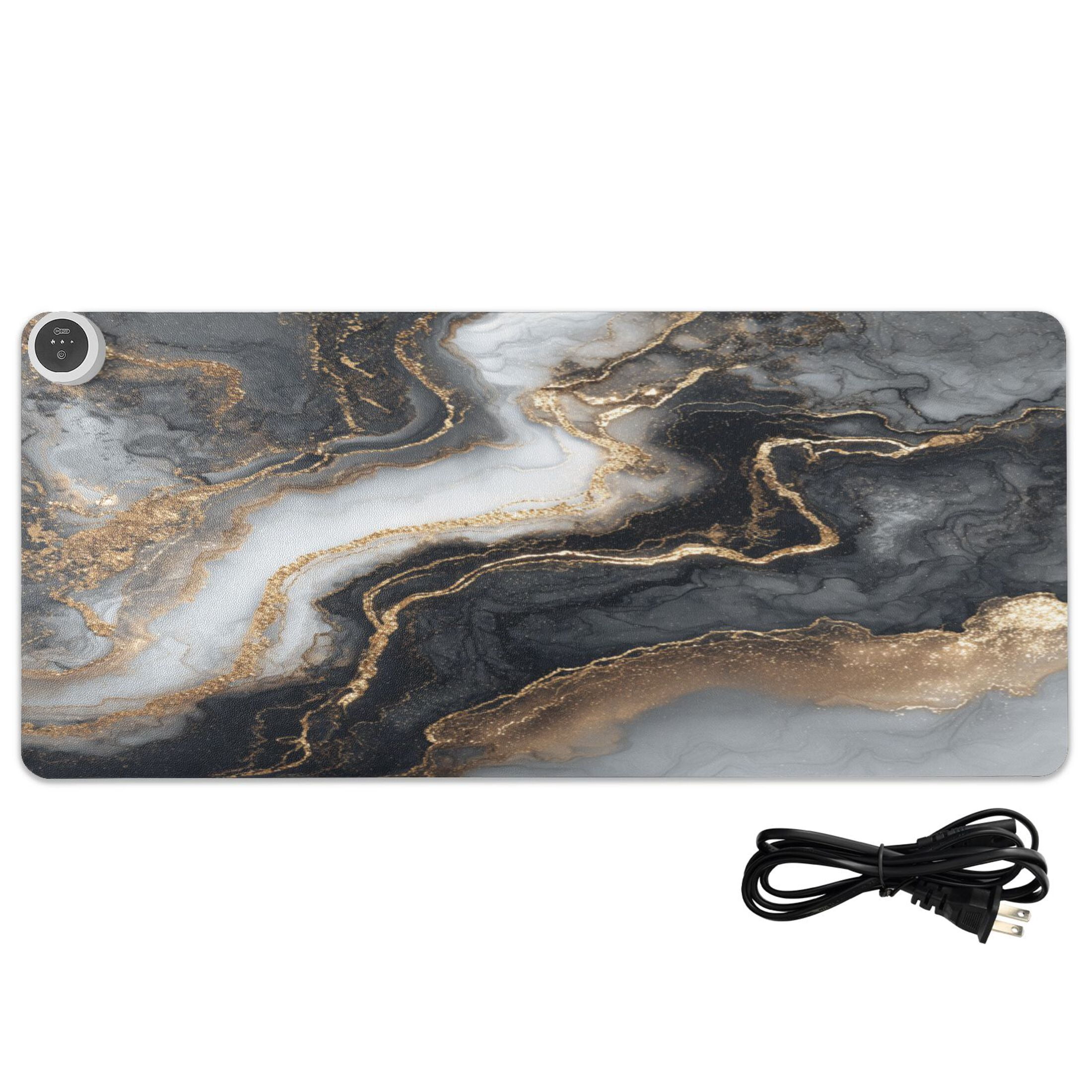 Large Heated Desk Mat Mouse Pad 31.5"x13"PU Leather Graphene Heating Desk Warmer with 3 Temperature Settings 110V US Plug Non-Slip Warm Pad for Home, Office, and Gaming Gilded Black Marble Fluid Art