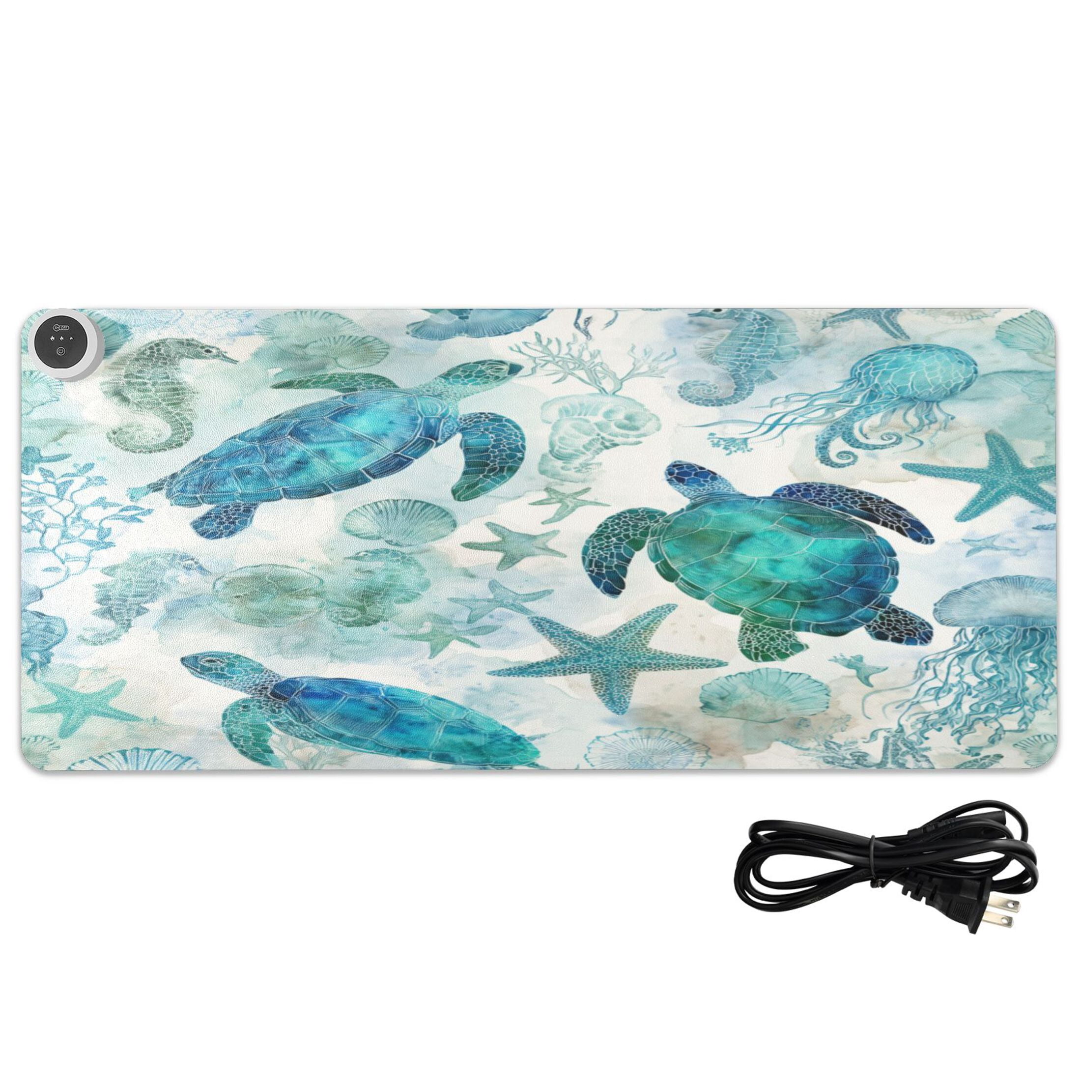 Large Heated Desk Mat Mouse Pad 31.5"x13"PU Leather Graphene Heating Desk Warmer with 3 Temperature Settings 110V US Plug Non-Slip Warm Pad for Home, Office, and Gaming Green Adorable Sea Creatures