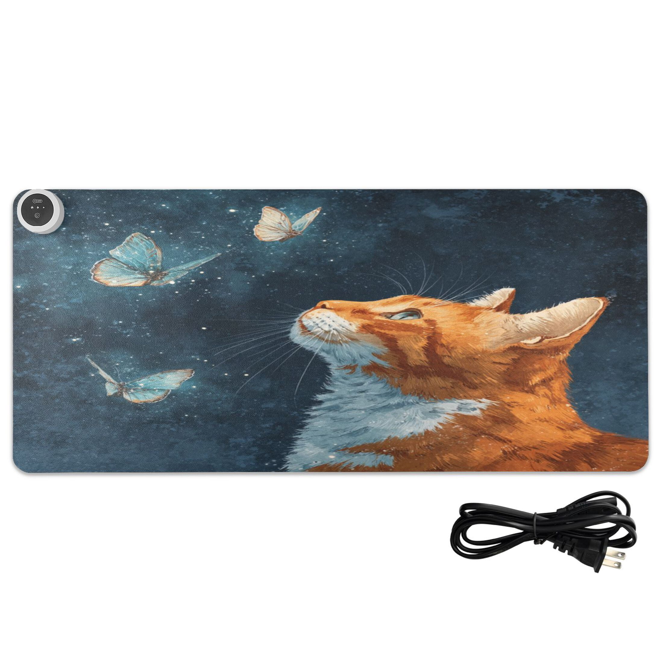 Large Heated Desk Mat Mouse Pad 31.5"x13"PU Leather Graphene Heating Desk Warmer with 3 Temperature Settings 110V US Plug Non-Slip Warm Pad for Home, Office, and Gaming Realistic Cute Orange Cat