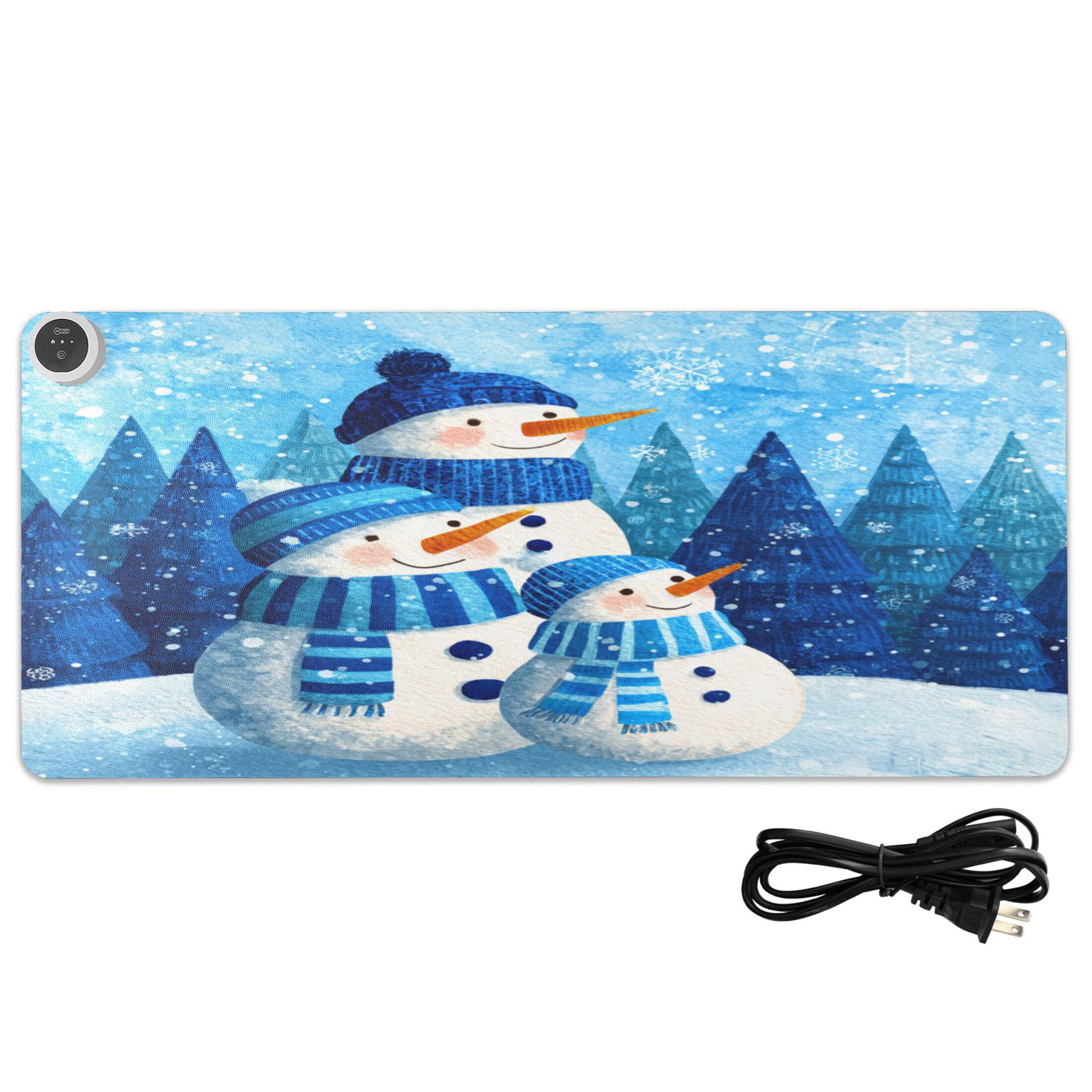 Large Heated Desk Mat Mouse Pad 31.5"x13"PU Leather Graphene Heating Desk Warmer with 3 Temperature Settings 110V US Plug Non-Slip Warm Pad for Home, Office, and Gaming Three Blue Cute Snowmen
