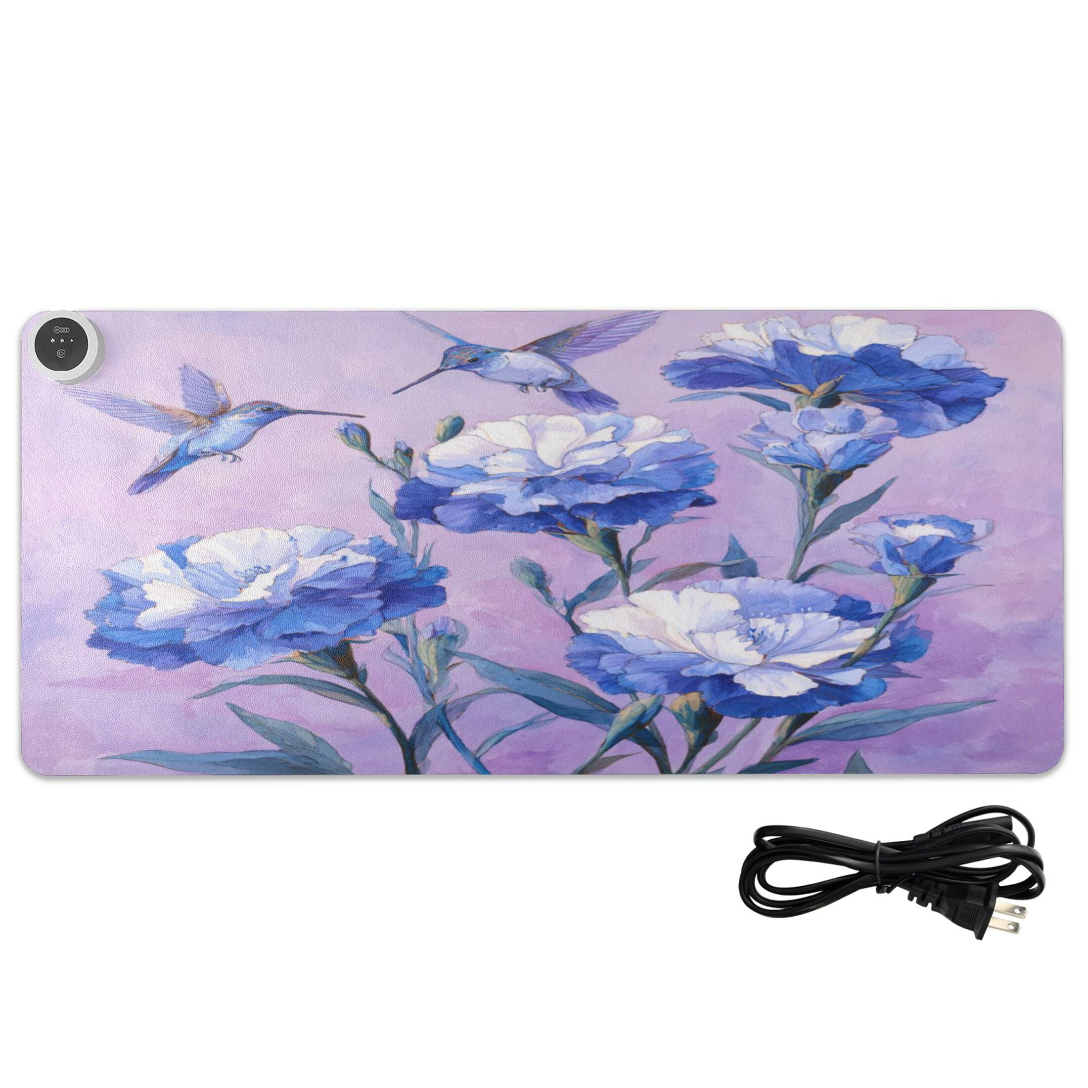 Large Heated Desk Mat Mouse Pad 31.5"x13"PU Leather Graphene Heating Desk Warmer with 3 Temperature Settings 110V US Plug Non-Slip Warm Pad for Home, Office, and Gaming Birds and Deep Blue Flowers