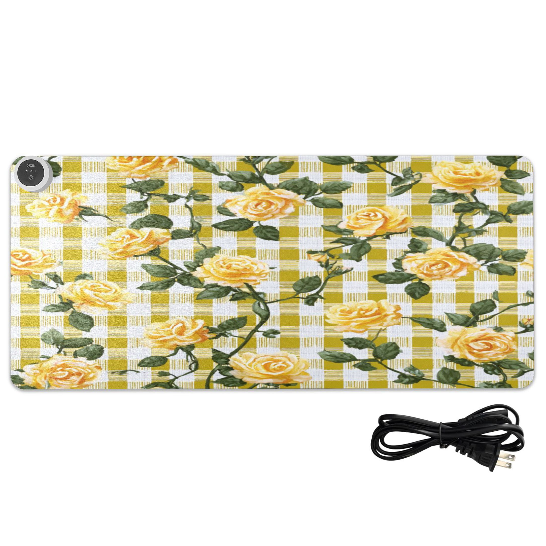 Large Heated Desk Mat Mouse Pad 31.5"x13"PU Leather Graphene Heating Desk Warmer with 3 Temperature Settings 110V US Plug Non-Slip Warm Pad for Home, Office, and Gaming Gingham Pattern Yellow Roses