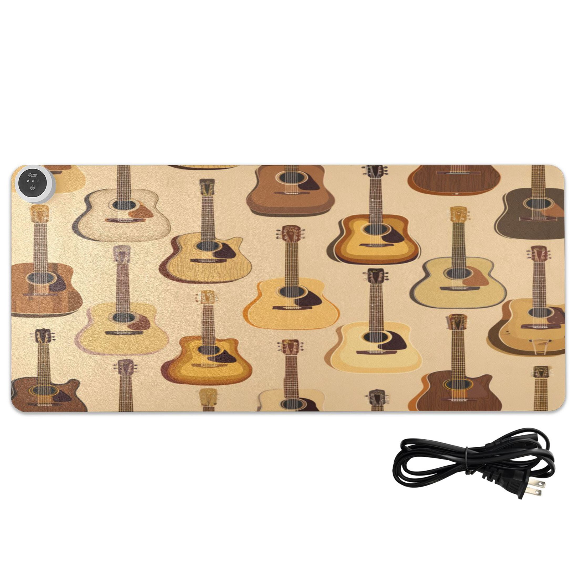 Large Heated Desk Mat Mouse Pad 31.5"x13"PU Leather Graphene Heating Desk Warmer with 3 Temperature Settings 110V US Plug Non-Slip Warm Pad for Home, Office, and Gaming Warm Acoustic Guitar Pattern