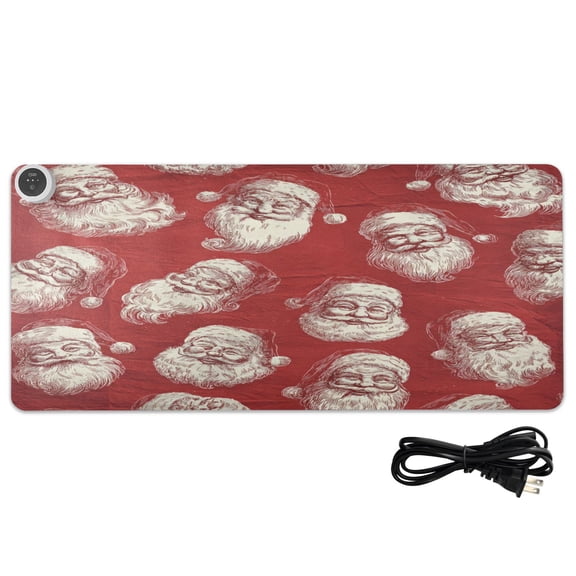 Large Heated Desk Mat Mouse Pad 31.5"x13"PU Leather Graphene Heating Desk Warmer with 3 Temperature Settings 110V US Plug Non-Slip Warm Pad for Home, Office, and Gaming Retro-style Santa Claus Faces