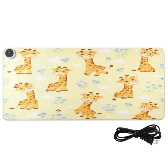 Large Heated Desk Mat Mouse Pad 31.5"x13"PU Leather Graphene Heating Desk Warmer with 3 Temperature Settings 110V US Plug Non-Slip Warm Pad for Home, Office, and Gaming Yellow Cartoon Giraffe Design