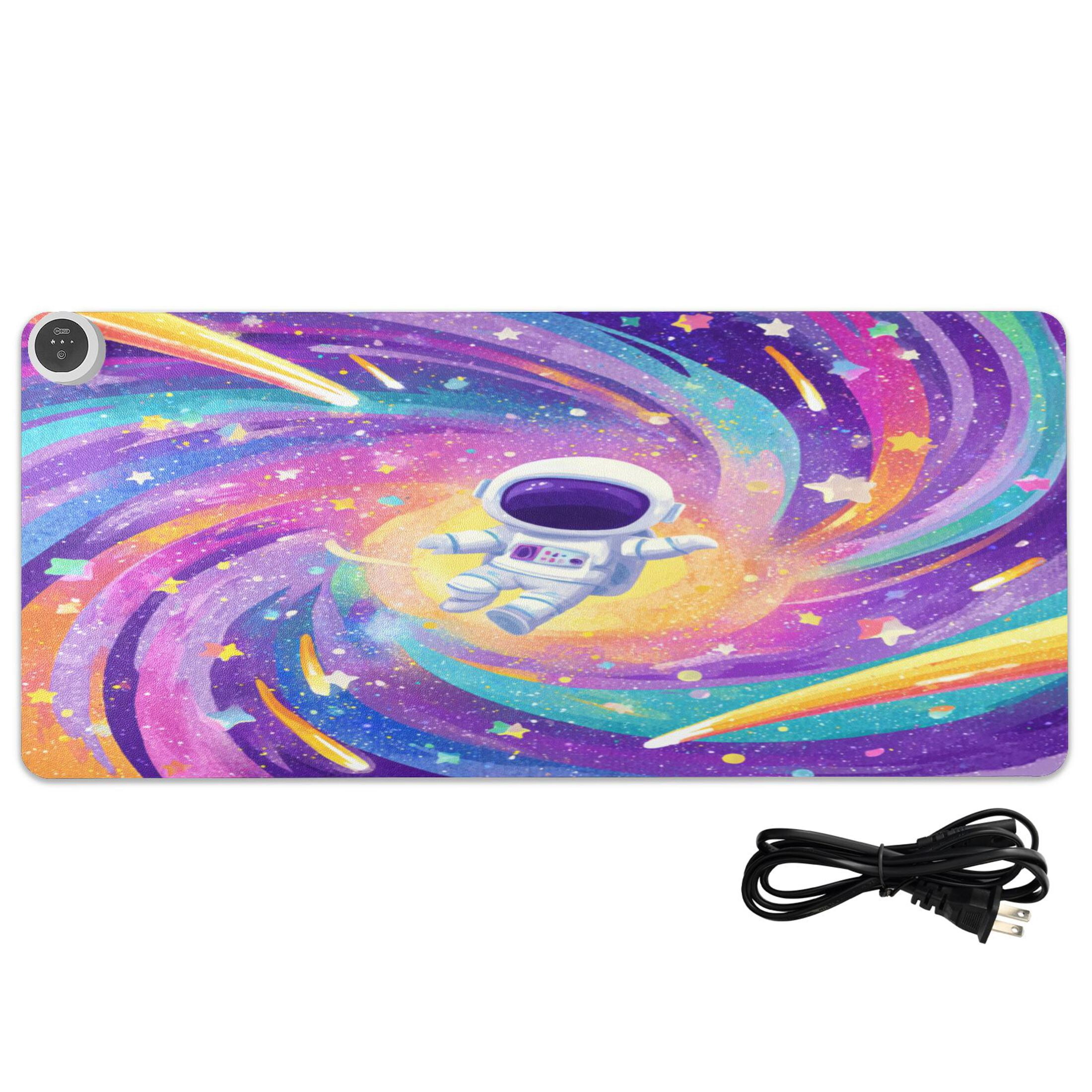 Large Heated Desk Mat Mouse Pad 31.5"x13"PU Leather Graphene Heating Desk Warmer with 3 Temperature Settings 110V US Plug Non-Slip Warm Pad for Home, Office, and Gaming Rainbow Galaxy Astronaut Art