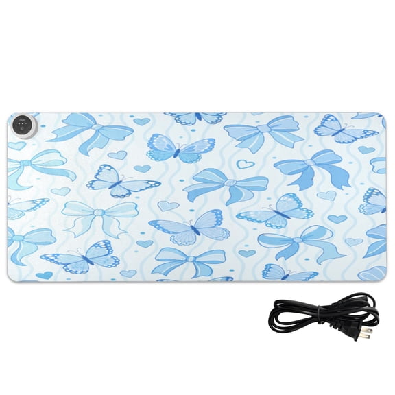 Large Heated Desk Mat Mouse Pad 31.5"x13"PU Leather Graphene Heating Desk Warmer with 3 Temperature Settings 110V US Plug Non-Slip Warm Pad for Home, Office, and Gaming Blue Bow Butterfly Pattern