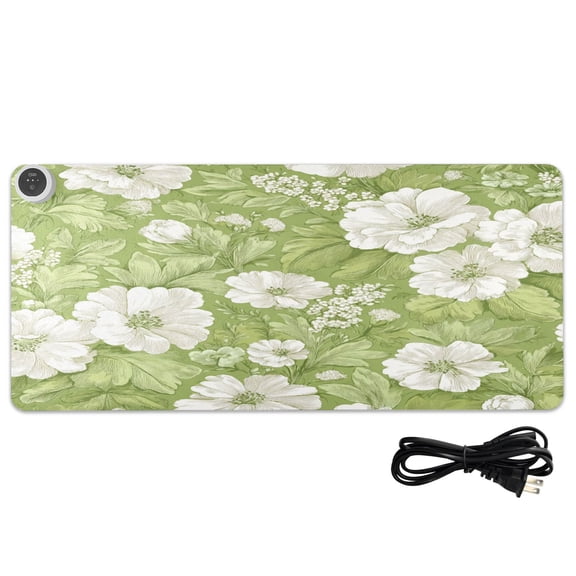 Large Heated Desk Mat Mouse Pad 31.5"x13"PU Leather Graphene Heating Desk Warmer with 3 Temperature Settings 110V US Plug Non-Slip Warm Pad for Home, Office, and Gaming Retro Green Flower Pattern