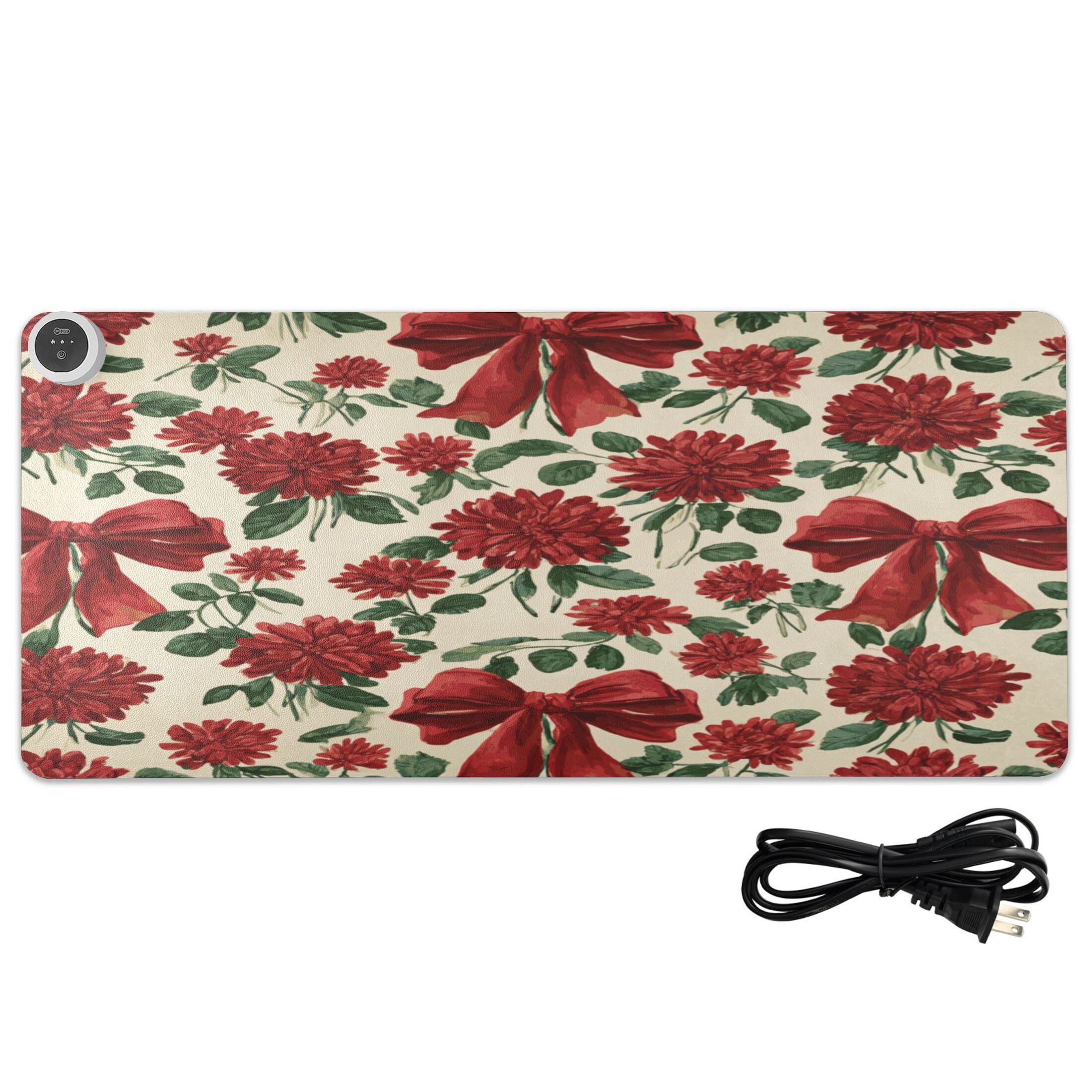Large Heated Desk Mat Mouse Pad 31.5"x13"PU Leather Graphene Heating Desk Warmer with 3 Temperature Settings 110V US Plug Non-Slip Warm Pad for Home, Office, and Gaming Red Christmas Bows and Floral