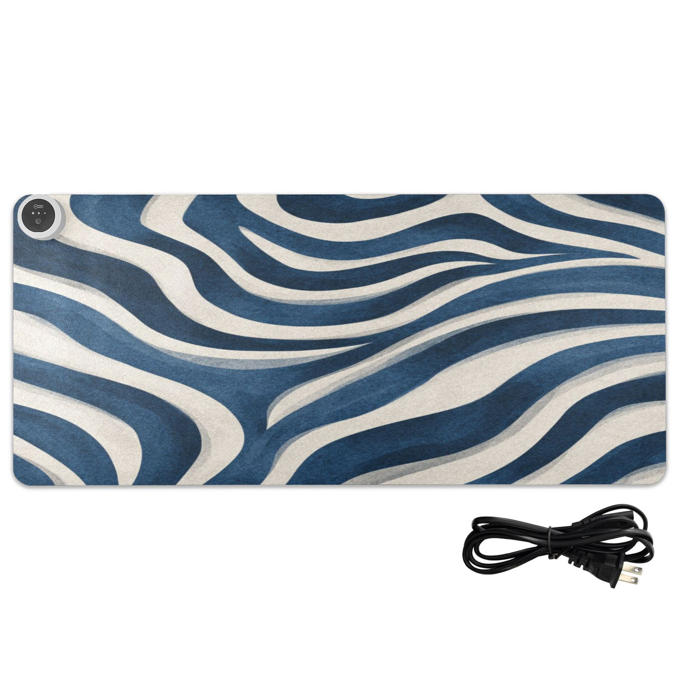 Large Heated Desk Mat Mouse Pad 31.5"x13"PU Leather Graphene Heating Desk Warmer with 3 Temperature Settings 110V US Plug Non-Slip Warm Pad for Home, Office, and Gaming Dark Blue Zebra Stripes