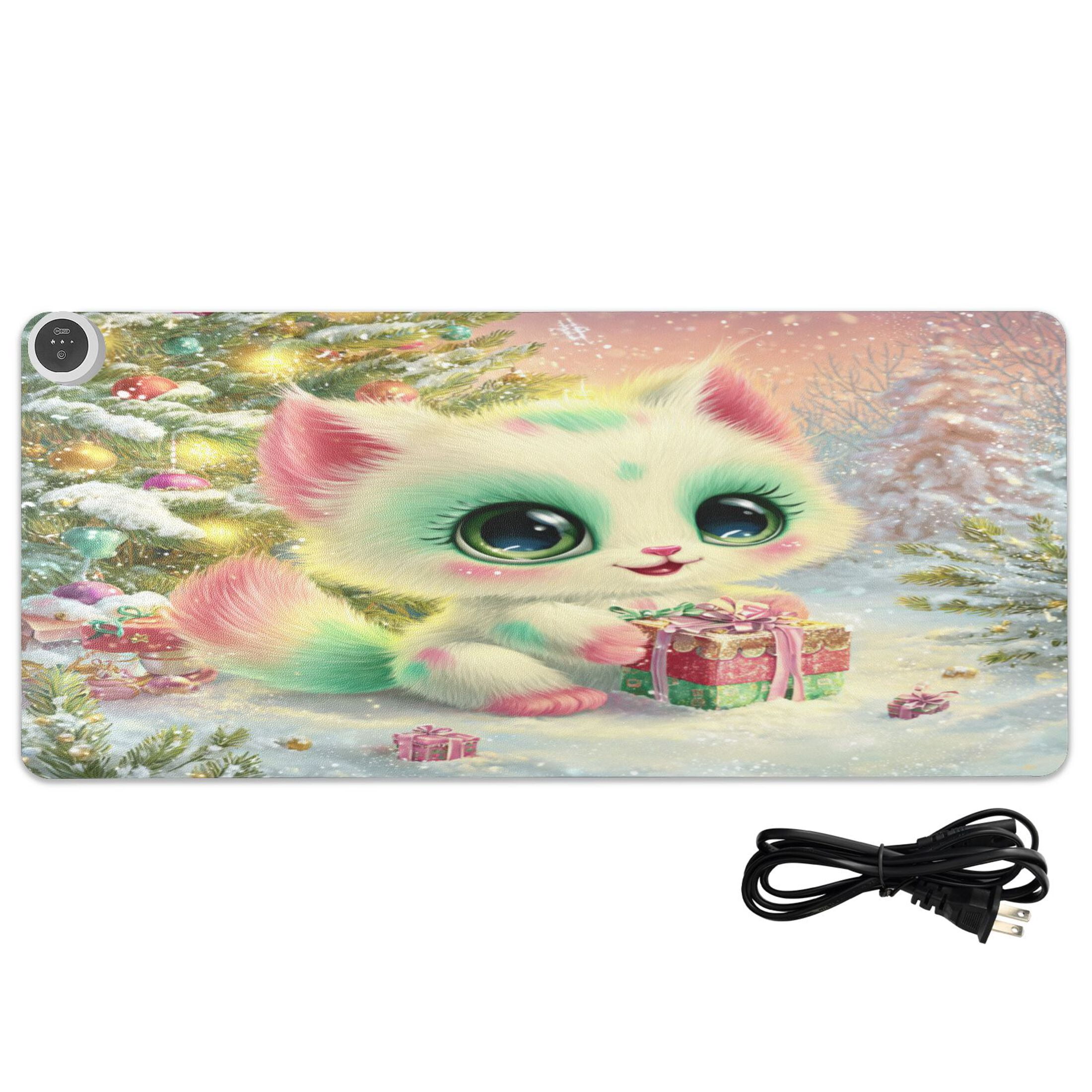 Large Heated Desk Mat Mouse Pad 31.5"x13"PU Leather Graphene Heating Desk Warmer with 3 Temperature Settings 110V US Plug Non-Slip Warm Pad for Home, Office, and Gaming Colorful Cute Christmas Cat
