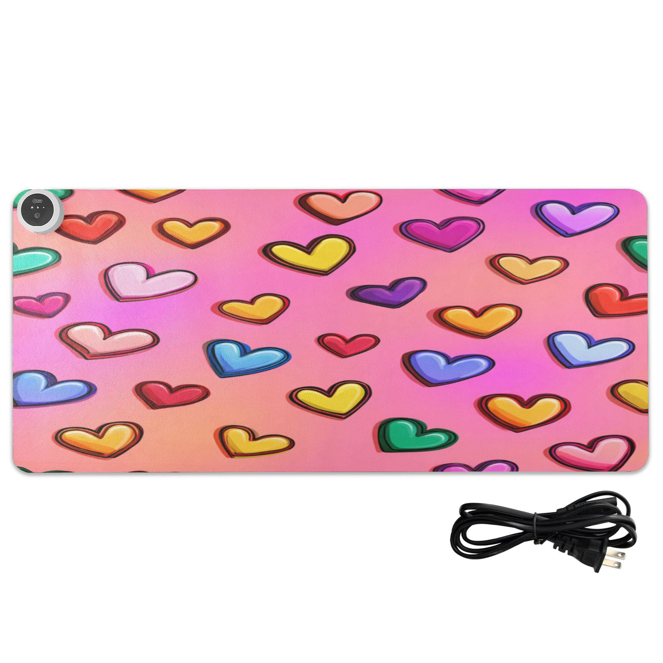 Large Heated Desk Mat Mouse Pad 31.5"x13"PU Leather Graphene Heating Desk Warmer with 3 Temperature Settings 110V US Plug Non-Slip Warm Pad for Home, Office, and Gaming Rainbow Heart Seamless Print