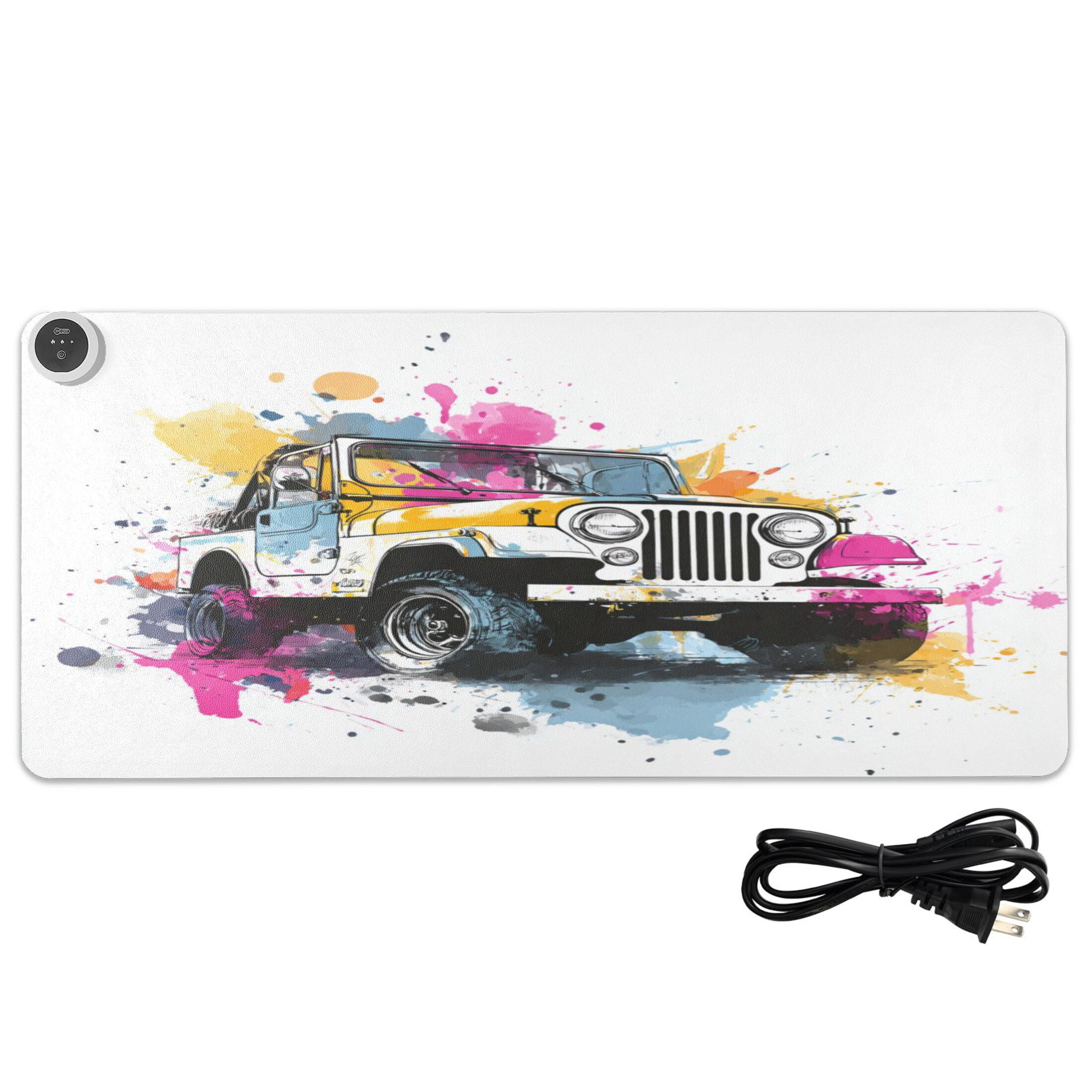 Large Heated Desk Mat Mouse Pad 31.5"x13"PU Leather Graphene Heating Desk Warmer with 3 Temperature Settings 110V US Plug Non-Slip Warm Pad for Home, Office, and Gaming Wet Watercolor Jeep Pattern