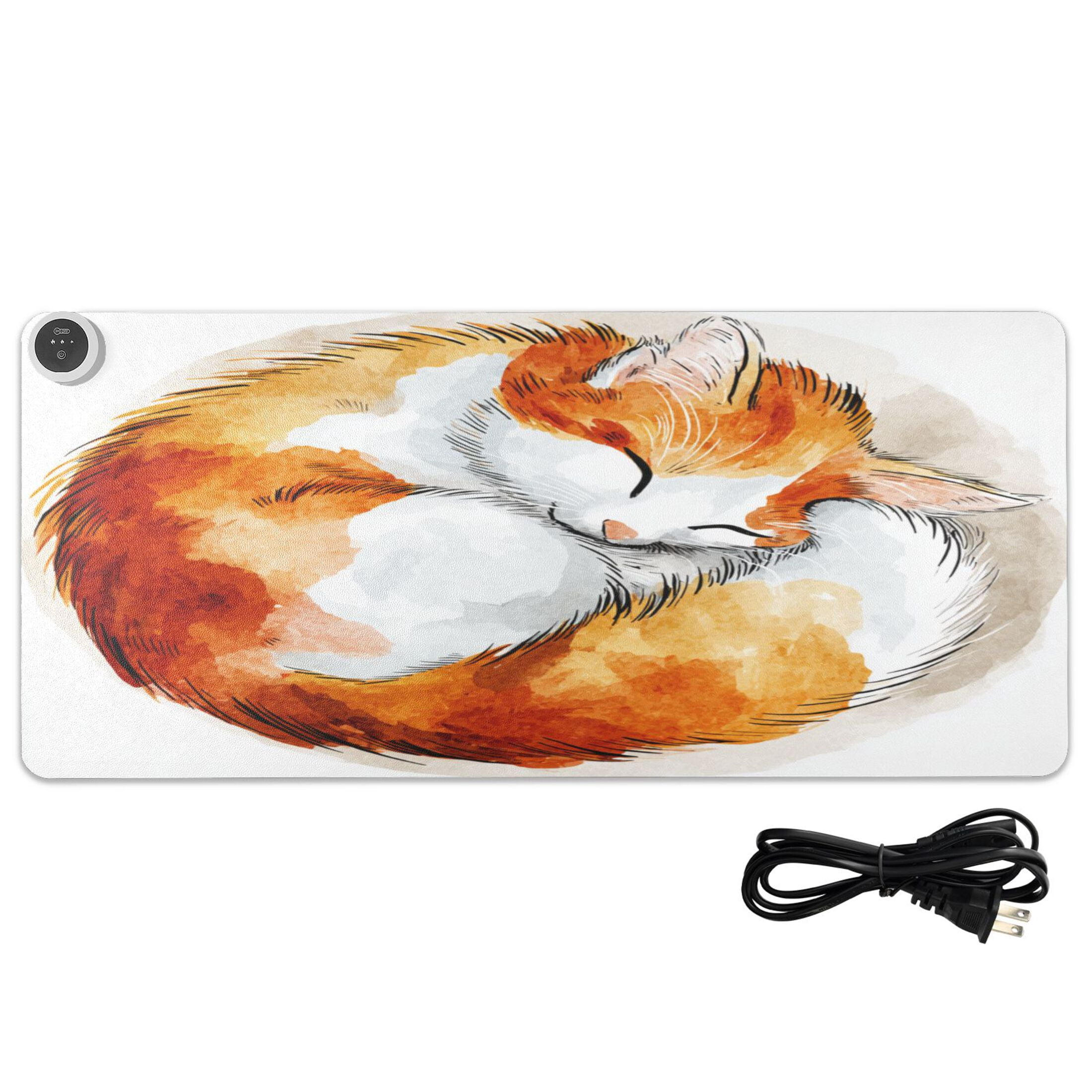 Large Heated Desk Mat Mouse Pad 31.5"x13"PU Leather Graphene Heating Desk Warmer with 3 Temperature Settings 110V US Plug Non-Slip Warm Pad for Home, Office, and Gaming Cute Sleeping Orange Cat