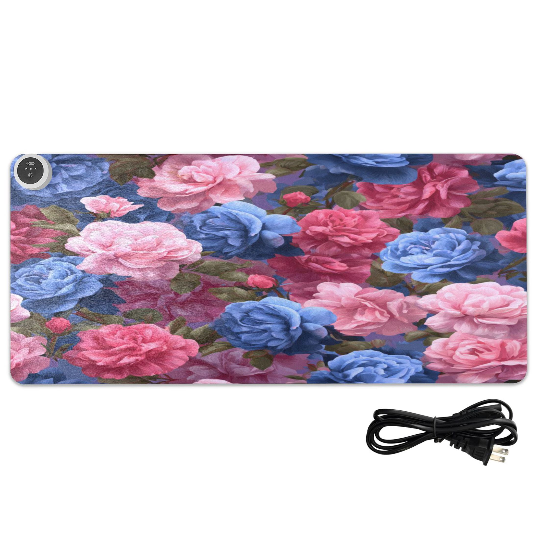 Large Heated Desk Mat Mouse Pad 31.5"x13"PU Leather Graphene Heating Desk Warmer with 3 Temperature Settings 110V US Plug Non-Slip Warm Pad for Home, Office, and Gaming Lush Peony Bouquet Print