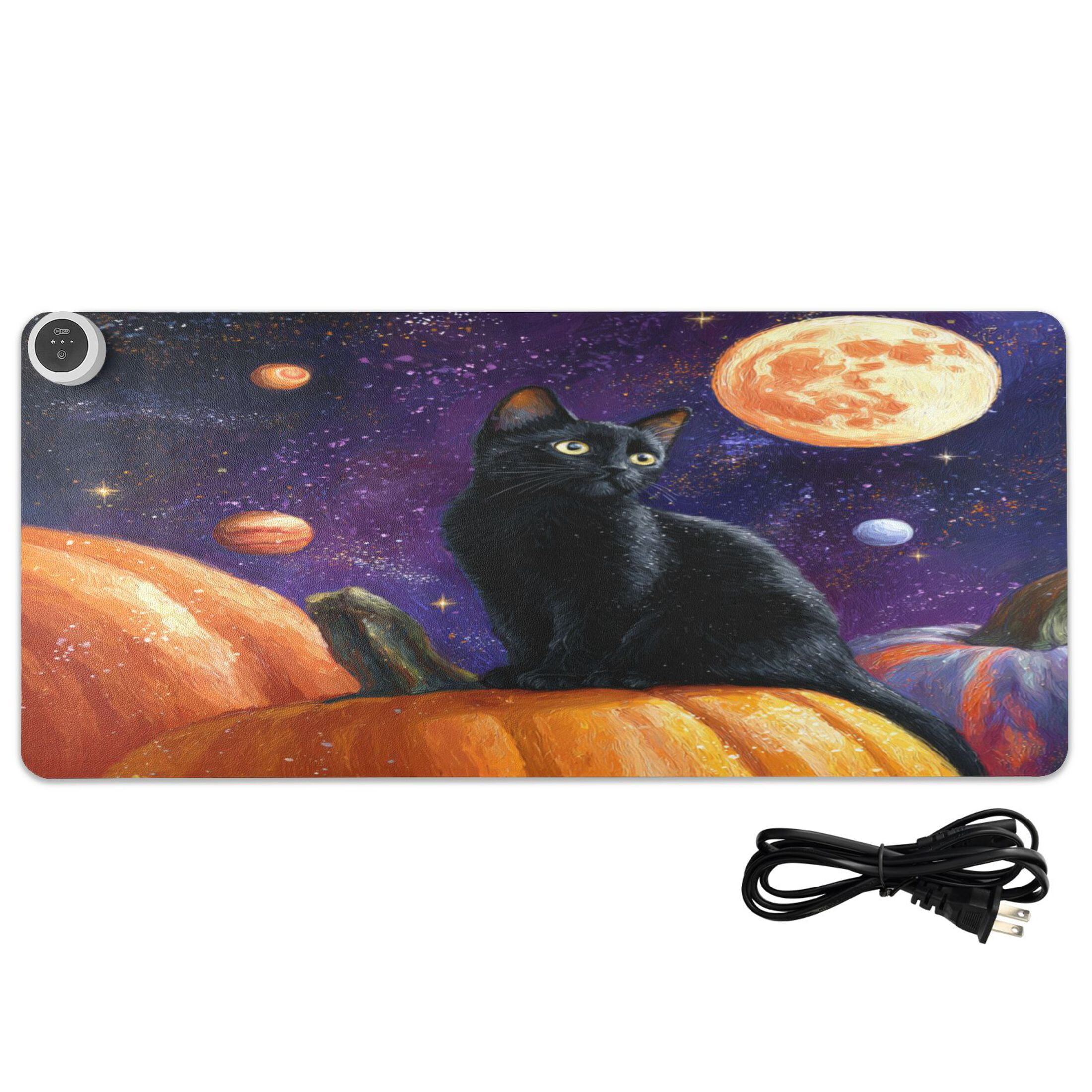 Large Heated Desk Mat Mouse Pad 31.5"x13"PU Leather Graphene Heating Desk Warmer with 3 Temperature Settings 110V US Plug Non-Slip Warm Pad for Home, Office, and Gaming Black Cat Pumpkin and Planet