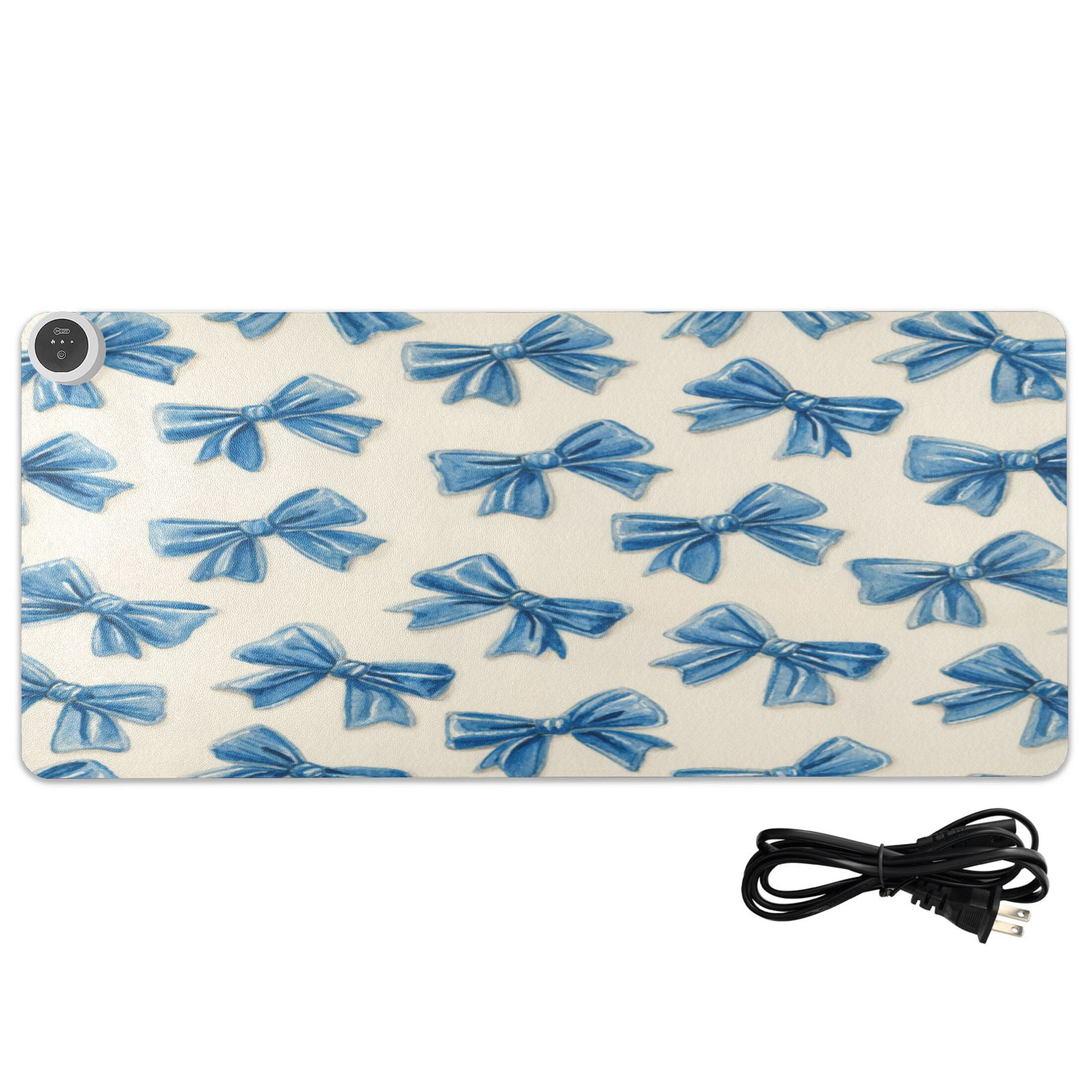 Large Heated Desk Mat Mouse Pad 31.5"x13"PU Leather Graphene Heating Desk Warmer with 3 Temperature Settings 110V US Plug Non-Slip Warm Pad for Home, Office, and Gaming Classic Blue Bow Pattern