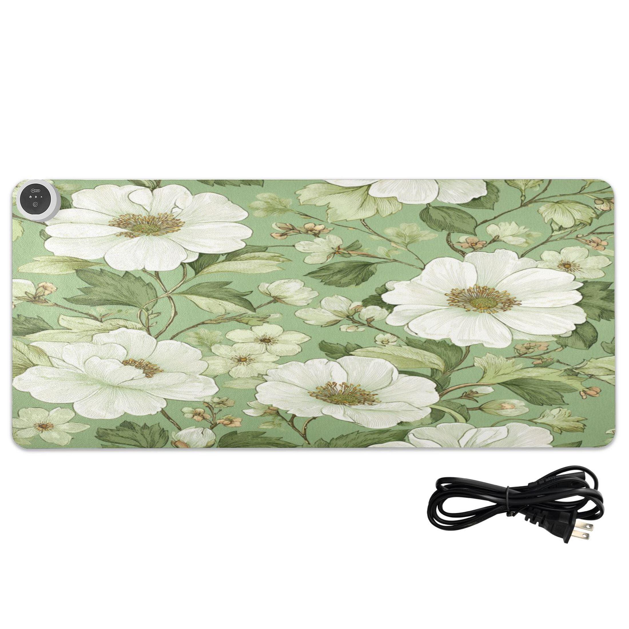 Large Heated Desk Mat Mouse Pad 31.5"x13"PU Leather Graphene Heating Desk Warmer with 3 Temperature Settings 110V US Plug Non-Slip Warm Pad for Home, Office, and Gaming Soft Green Floral Seamless