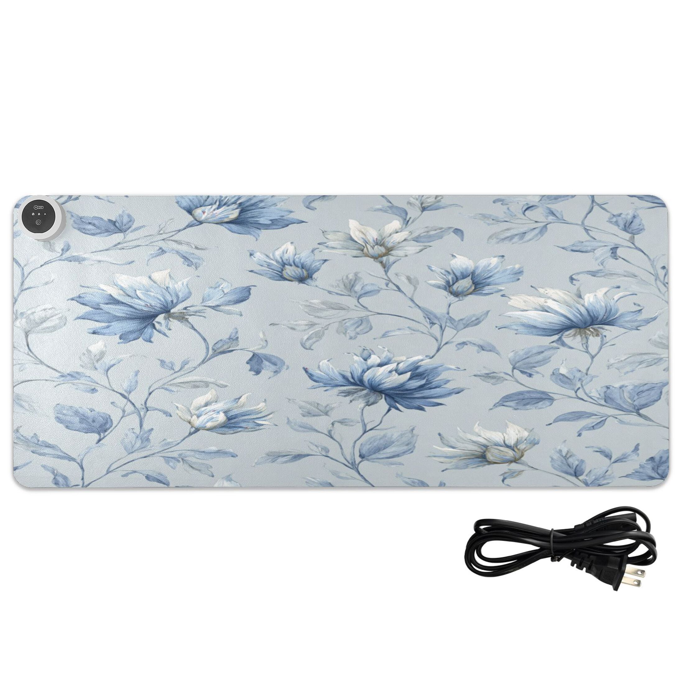 Large Heated Desk Mat Mouse Pad 31.5"x13"PU Leather Graphene Heating Desk Warmer with 3 Temperature Settings 110V US Plug Non-Slip Warm Pad for Home, Office, and Gaming Exquisite Blue Peony Design
