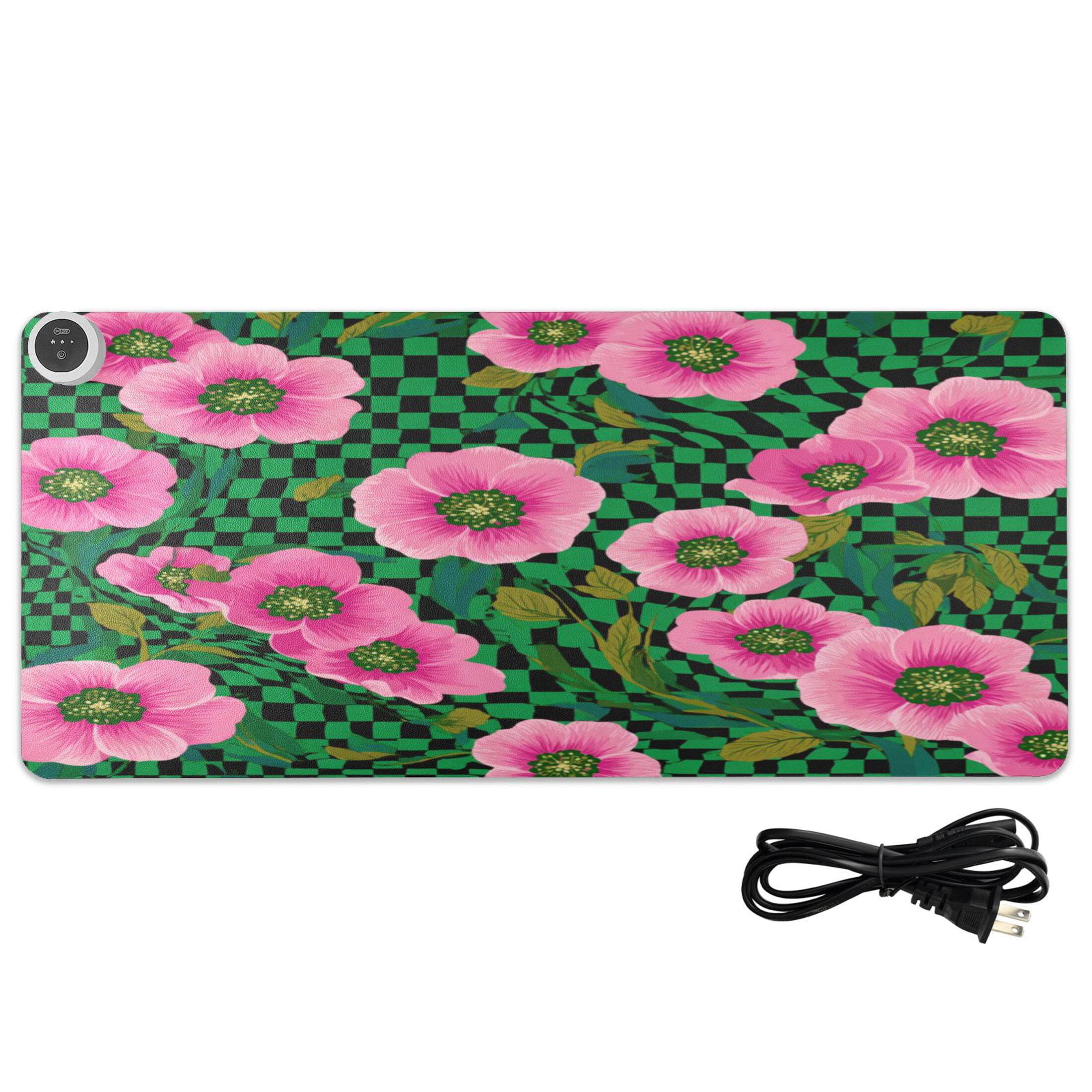 Large Heated Desk Mat Mouse Pad 31.5"x13"PU Leather Graphene Heating Desk Warmer with 3 Temperature Settings 110V US Plug Non-Slip Warm Pad for Home, Office, and Gaming Groovy Green and Pink Flowers