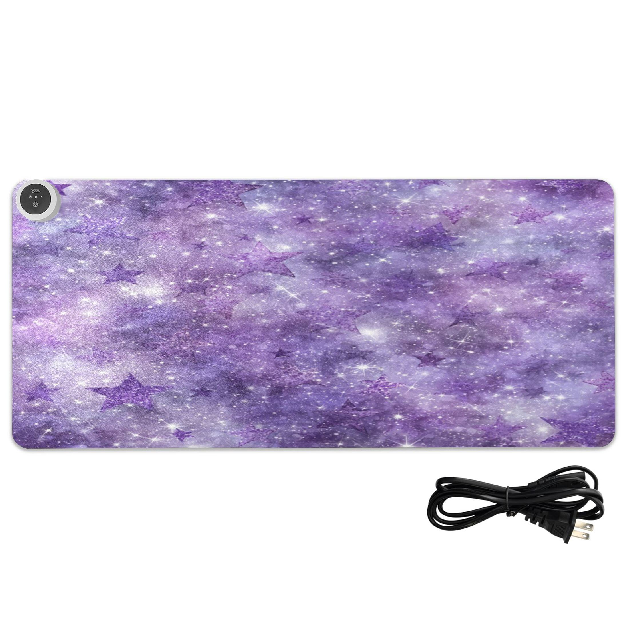 Large Heated Desk Mat Mouse Pad 31.5"x13"PU Leather Graphene Heating Desk Warmer with 3 Temperature Settings 110V US Plug Non-Slip Warm Pad for Home, Office, and Gaming Purple Cosmic Galaxy Pattern