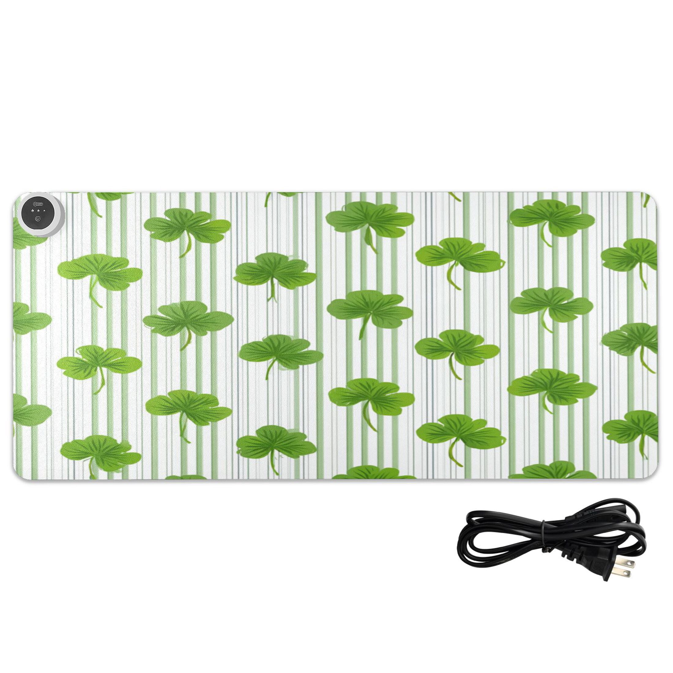 Large Heated Desk Mat Mouse Pad 31.5"x13"PU Leather Graphene Heating Desk Warmer with 3 Temperature Settings 110V US Plug Non-Slip Warm Pad for Home, Office, and Gaming Green Clover Stripe Pattern