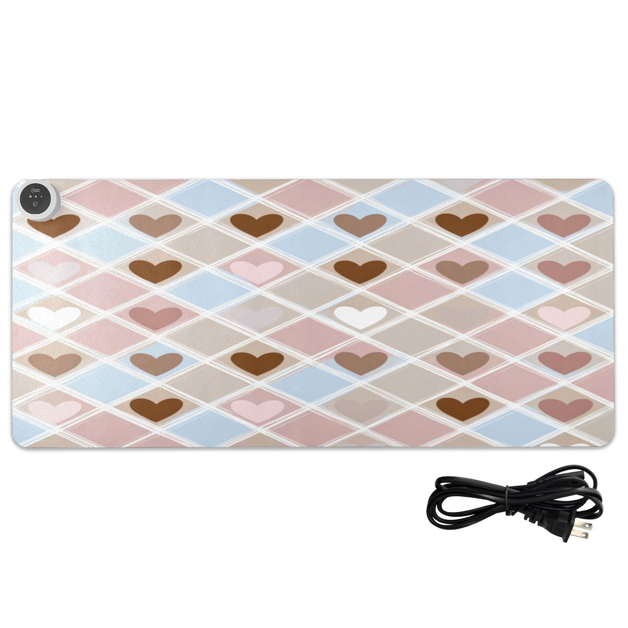 Large Heated Desk Mat Mouse Pad 31.5"x13"PU Leather Graphene Heating Desk Warmer with 3 Temperature Settings 110V US Plug Non-Slip Warm Pad for Home, Office, and Gaming Pastel Heart Argyle Pattern