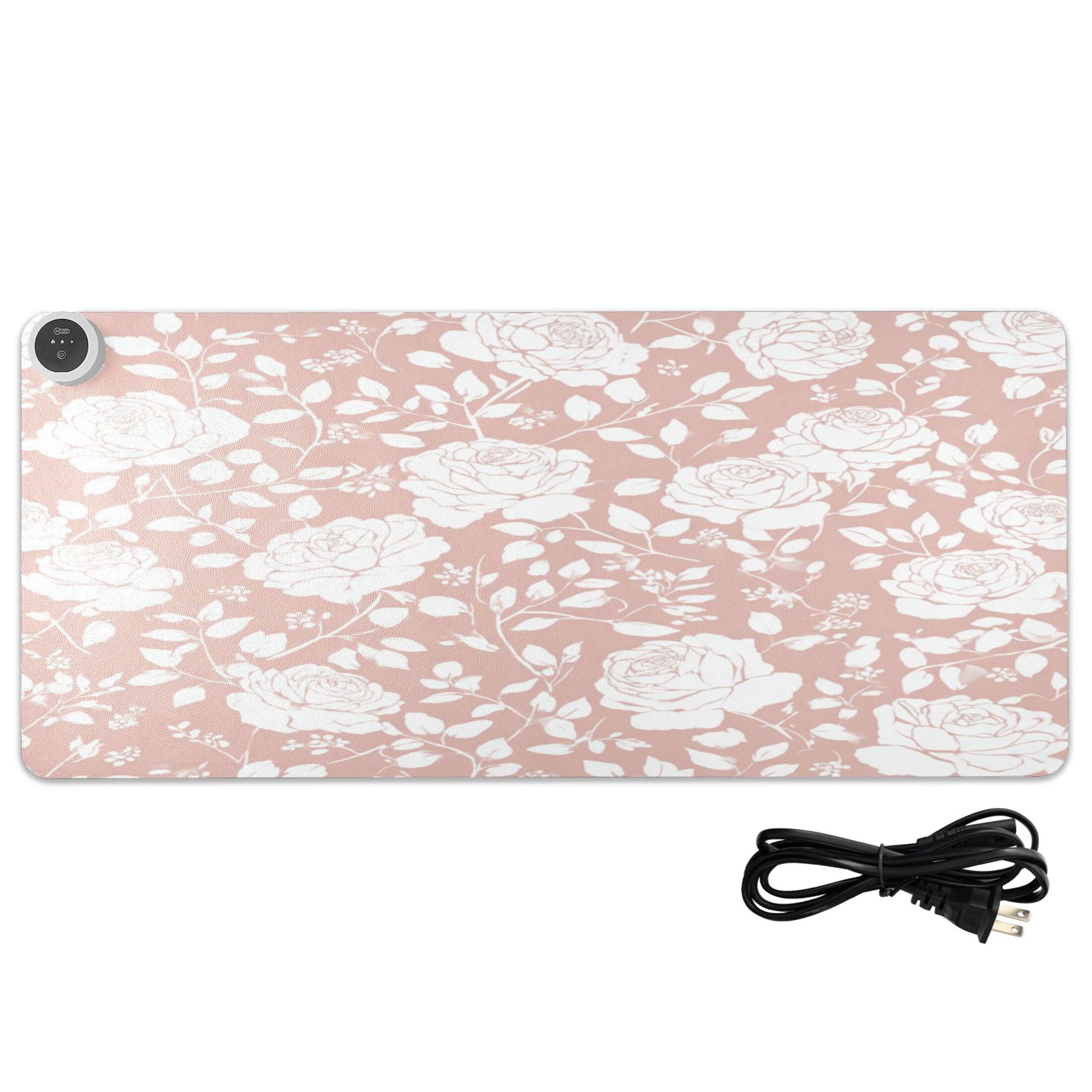 Large Heated Desk Mat Mouse Pad 31.5"x13"PU Leather Graphene Heating Desk Warmer with 3 Temperature Settings 110V US Plug Non-Slip Warm Pad for Home, Office, and Gaming Dusty Pink Rose Print
