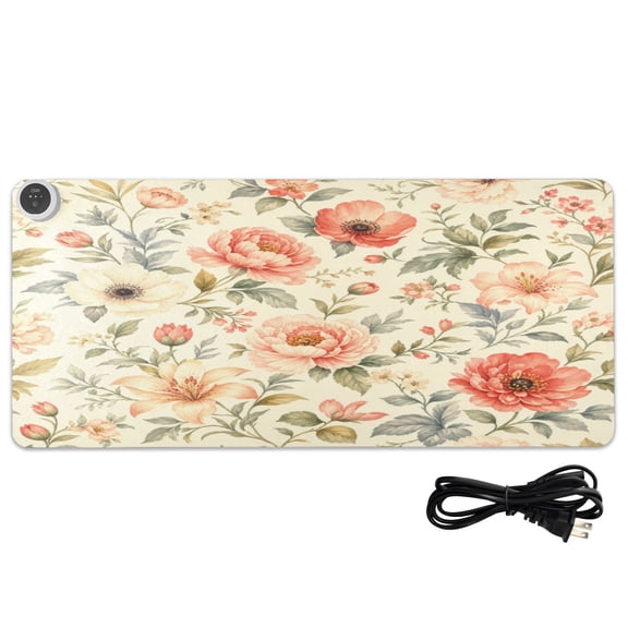 Large Heated Desk Mat Mouse Pad 31.5"x13"PU Leather Graphene Heating Desk Warmer with 3 Temperature Settings 110V US Plug Non-Slip Warm Pad for Home, Office, and Gaming Beige Vintage Floral Pattern