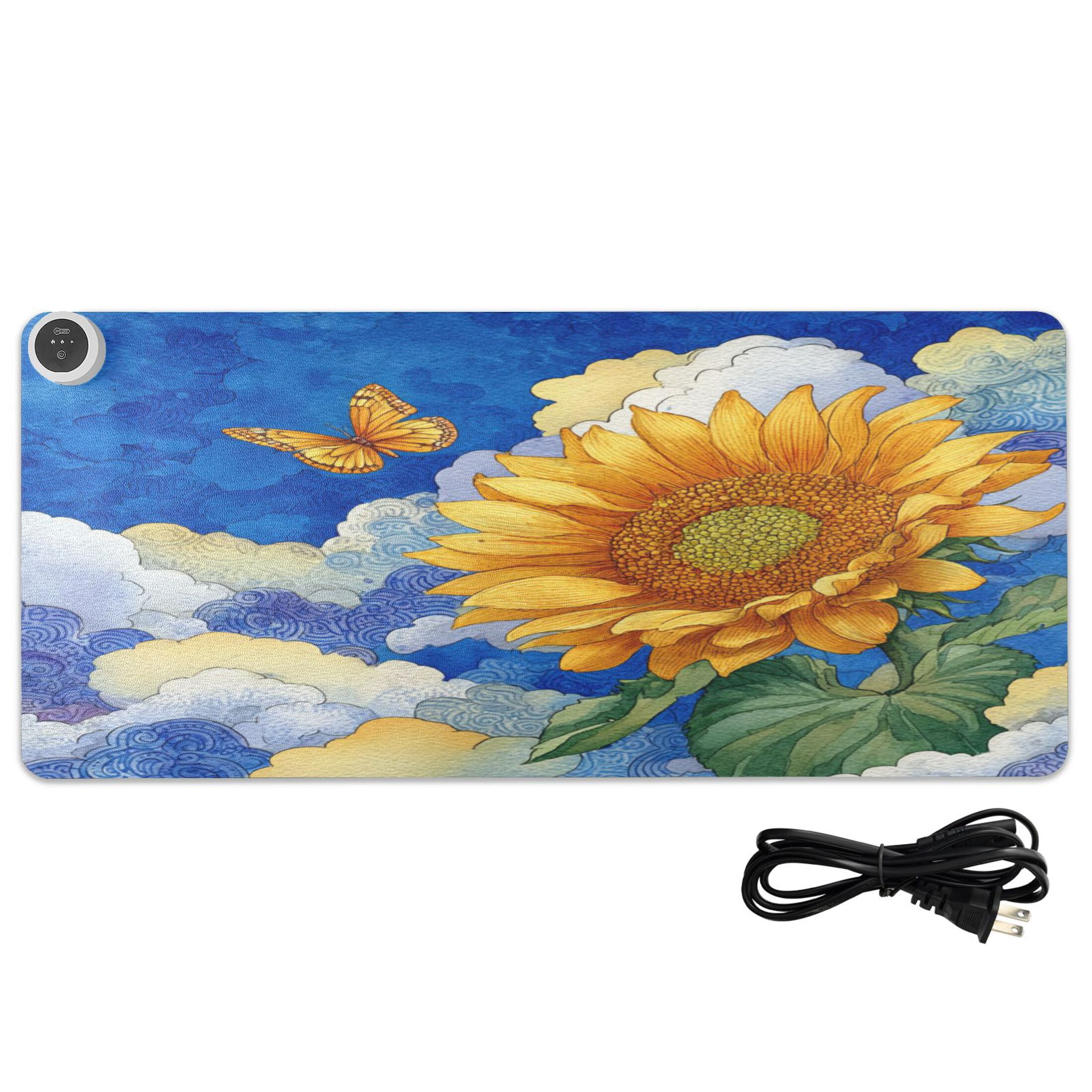 Large Heated Desk Mat Mouse Pad 31.5"x13"PU Leather Graphene Heating Desk Warmer with 3 Temperature Settings 110V US Plug Non-Slip Warm Pad for Home, Office, and Gaming Beautiful Sunflower in The Sky