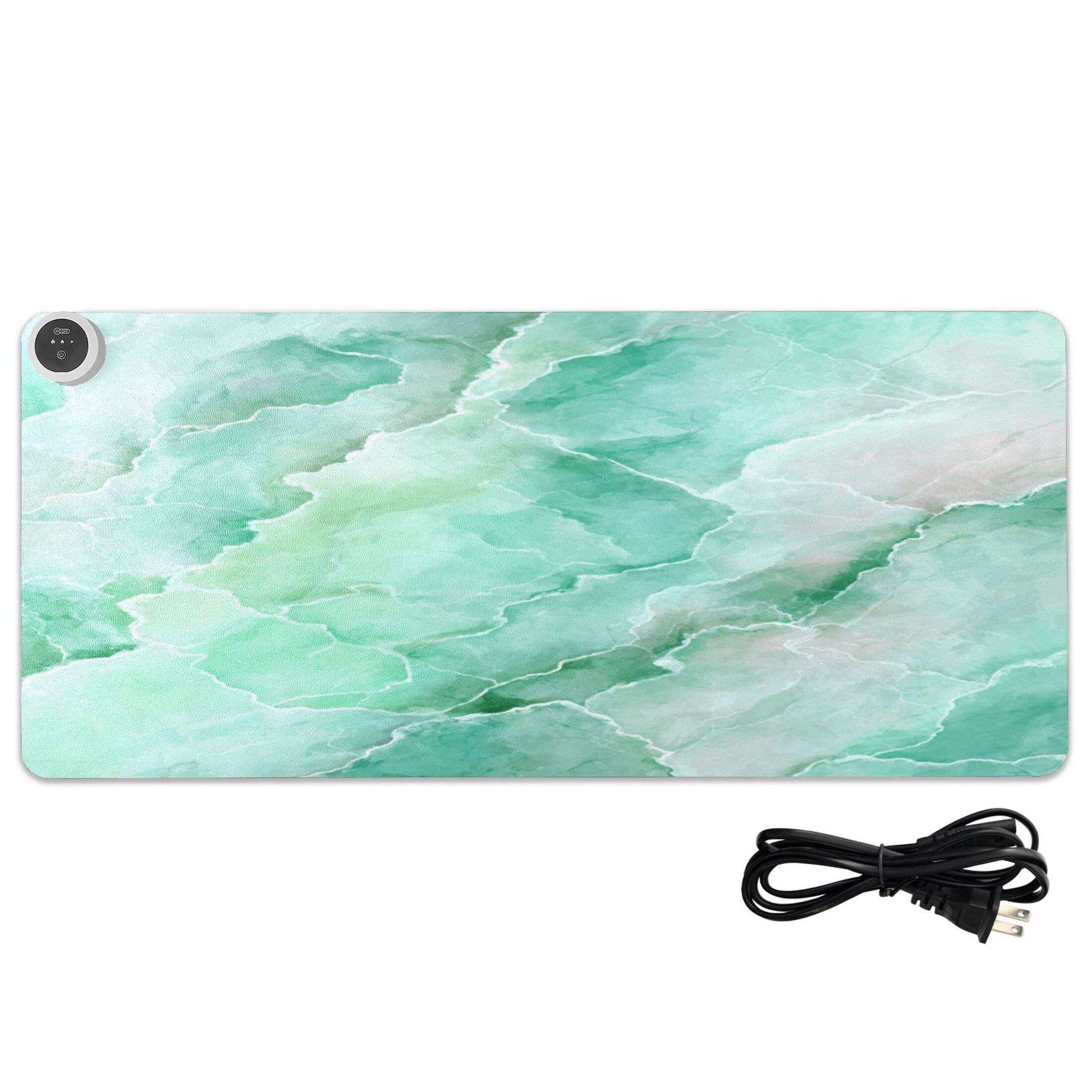 Large Heated Desk Mat Mouse Pad 31.5"x13"PU Leather Graphene Heating Desk Warmer with 3 Temperature Settings 110V US Plug Non-Slip Warm Pad for Home, Office, and Gaming Calm Mint Marble Pattern