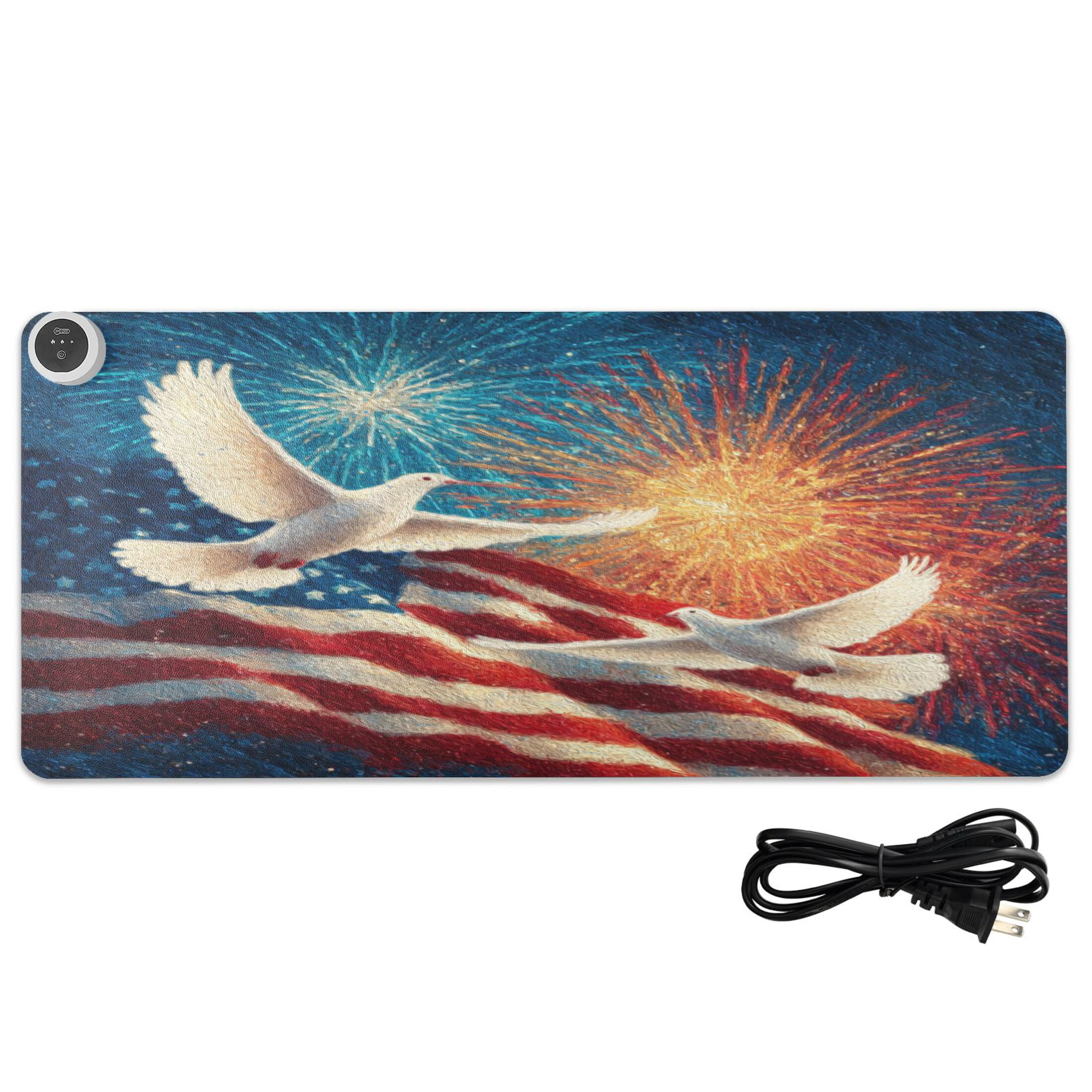 Large Heated Desk Mat Mouse Pad 31.5"x13"PU Leather Graphene Heating Desk Warmer with 3 Temperature Settings 110V US Plug Non-Slip Warm Pad for Home, Office, and Gaming White Dove and American Flag