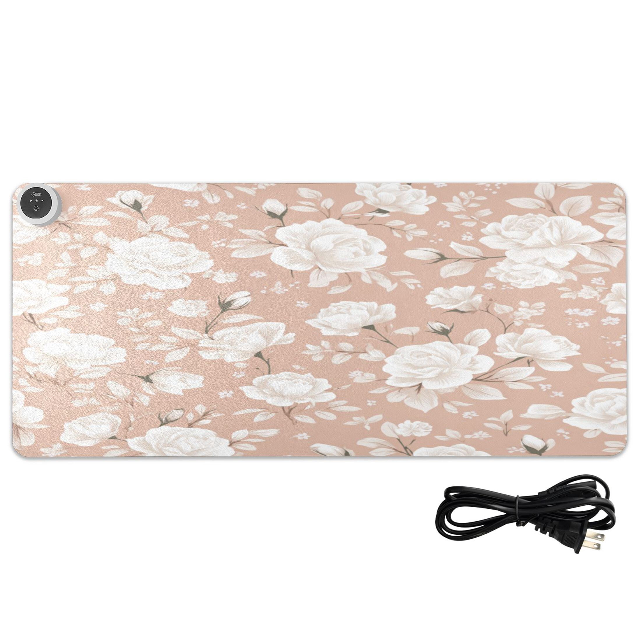 Large Heated Desk Mat Mouse Pad 31.5"x13"PU Leather Graphene Heating Desk Warmer with 3 Temperature Settings 110V US Plug Non-Slip Warm Pad for Home, Office, and Gaming Vintage Taupe Rose Print