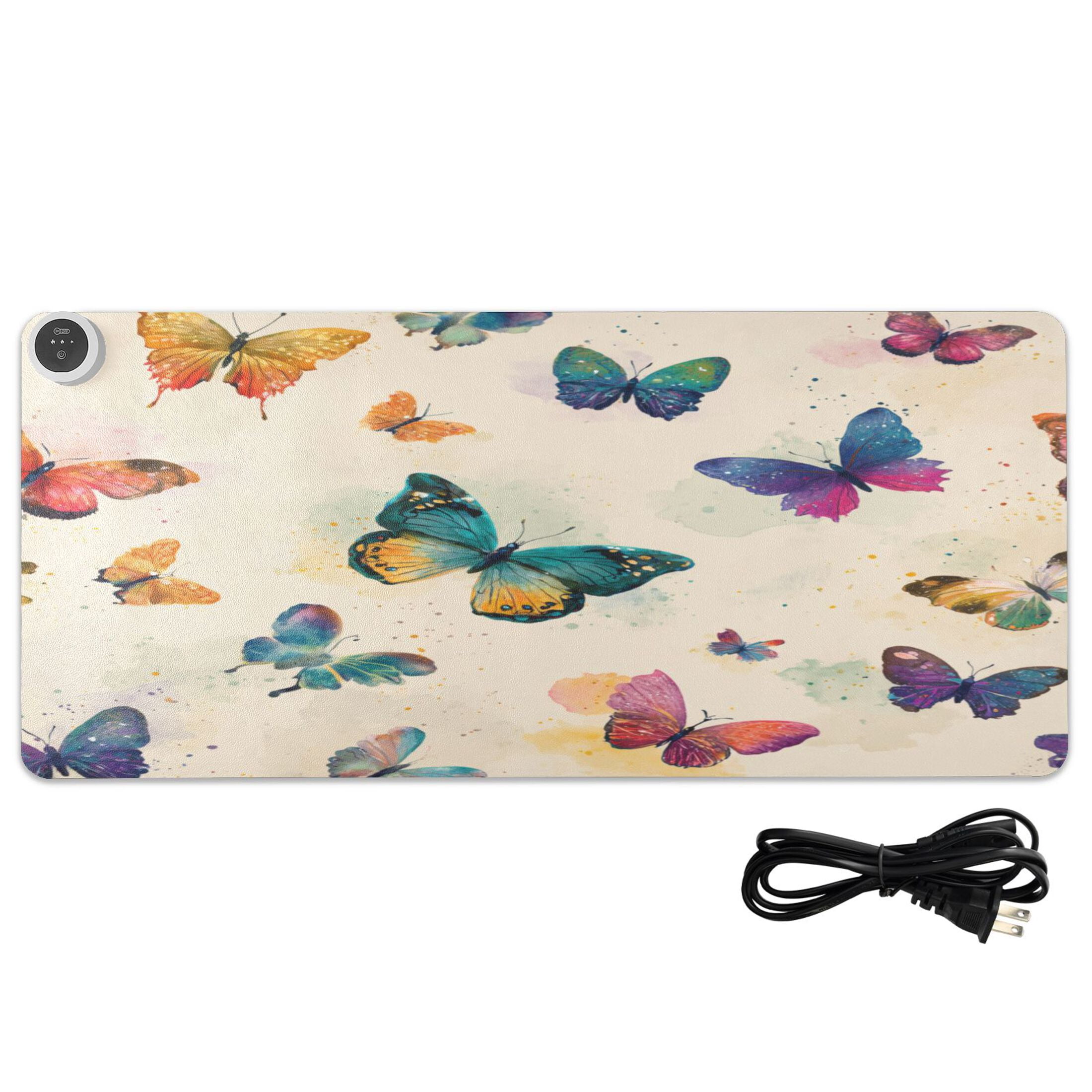 Large Heated Desk Mat Mouse Pad 31.5"x13"PU Leather Graphene Heating Desk Warmer with 3 Temperature Settings 110V US Plug Non-Slip Warm Pad for Home, Office, and Gaming Vibrant Polka Dot Butterfly