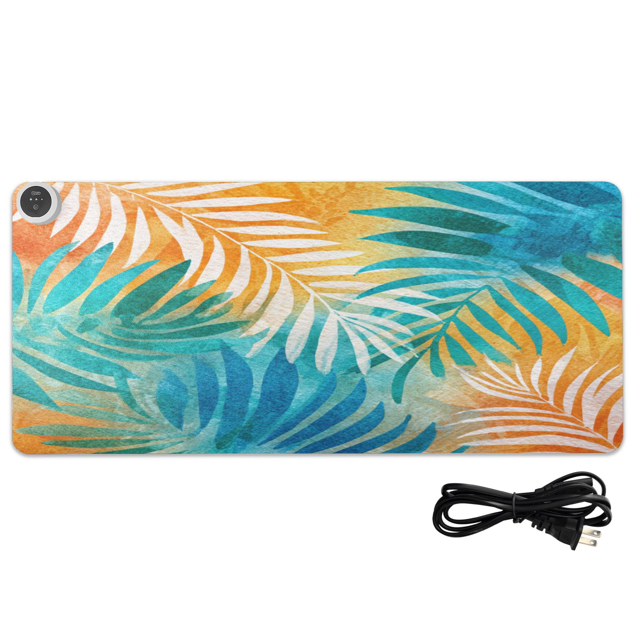 Large Heated Desk Mat Mouse Pad 31.5"x13"PU Leather Graphene Heating Desk Warmer with 3 Temperature Settings 110V US Plug Non-Slip Warm Pad for Home, Office, and Gaming Sunset Tropical Leaf Design