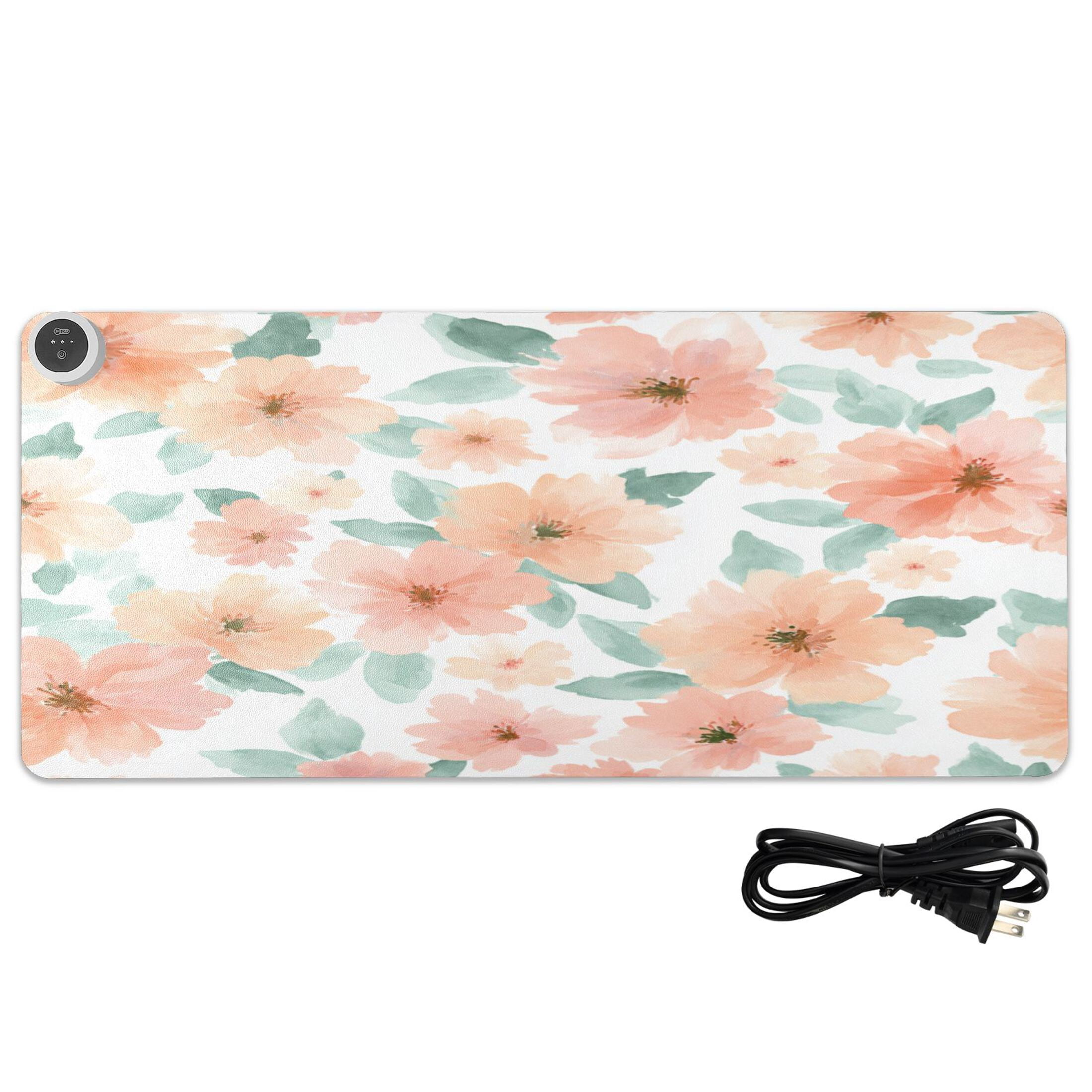 Large Heated Desk Mat Mouse Pad 31.5"x13"PU Leather Graphene Heating Desk Warmer with 3 Temperature Settings 110V US Plug Non-Slip Warm Pad for Home, Office, and Gaming Sage Green Floral Print