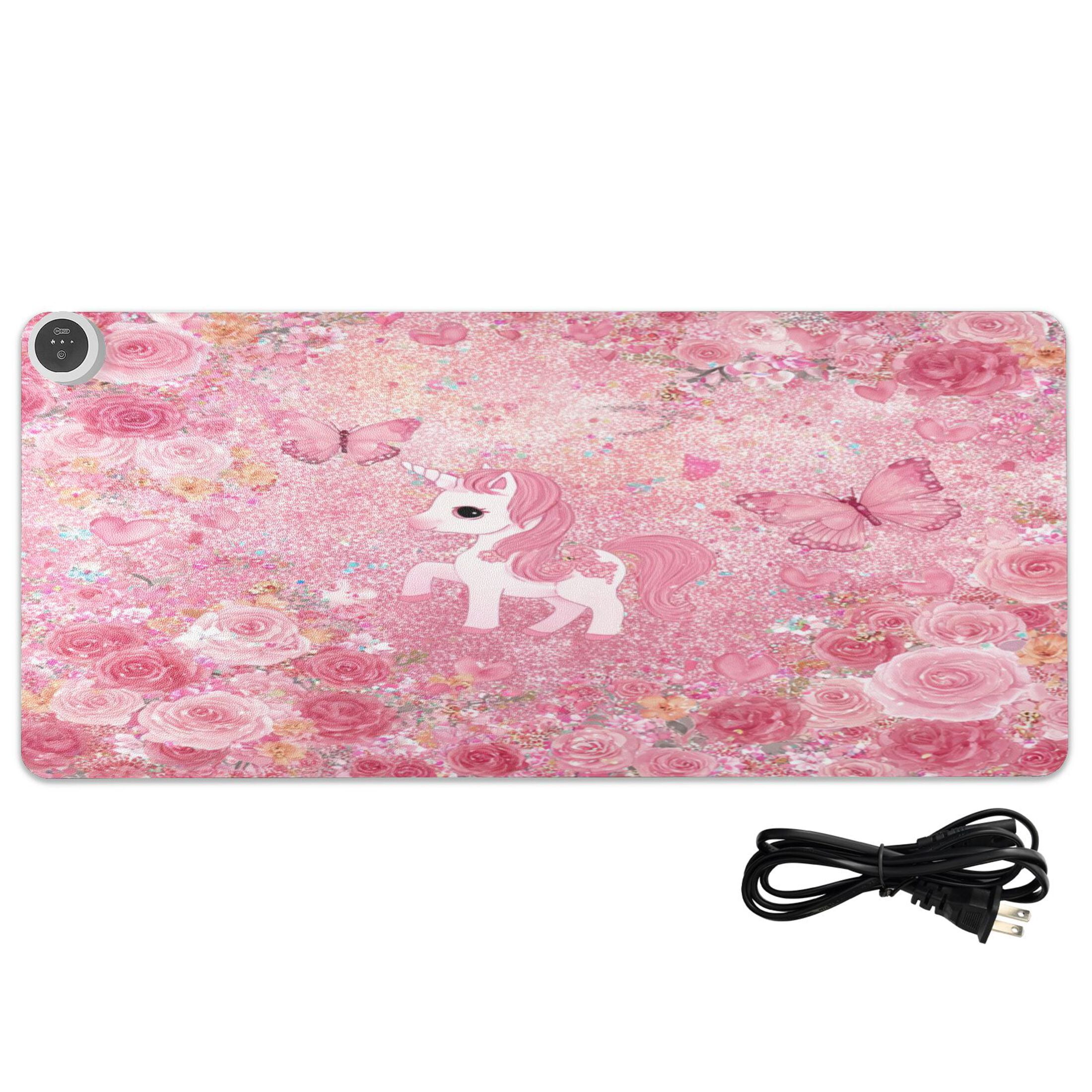 Large Heated Desk Mat Mouse Pad 31.5"x13"PU Leather Graphene Heating Desk Warmer with 3 Temperature Settings 110V US Plug Non-Slip Warm Pad for Home, Office, and Gaming Glitter Unicorn Rose Paradise
