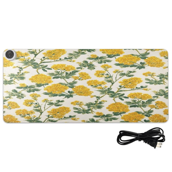 Large Heated Desk Mat Mouse Pad 31.5"x13"PU Leather Graphene Heating Desk Warmer with 3 Temperature Settings 110V US Plug Non-Slip Warm Pad for Home, Office, and Gaming Classic Yellow Bloom Print