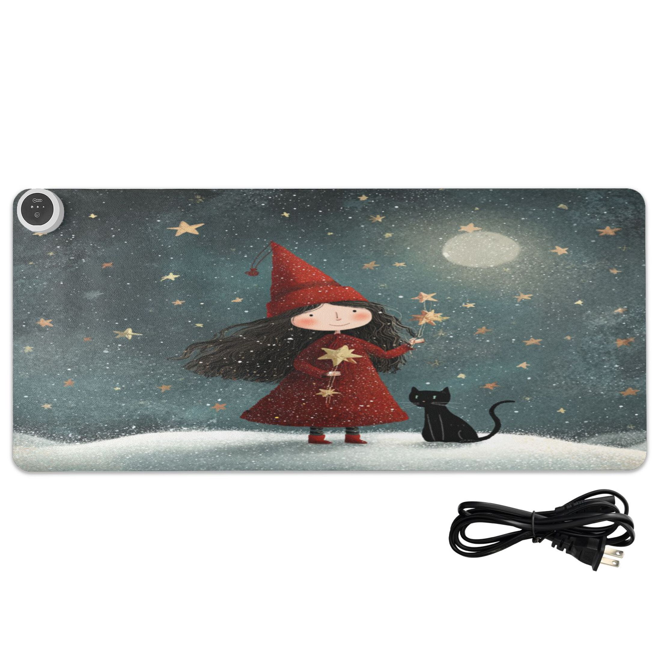 Large Heated Desk Mat Mouse Pad 31.5"x13"PU Leather Graphene Heating Desk Warmer with 3 Temperature Settings 110V US Plug Non-Slip Warm Pad for Home, Office, and Gaming Red Hat and Black Cat