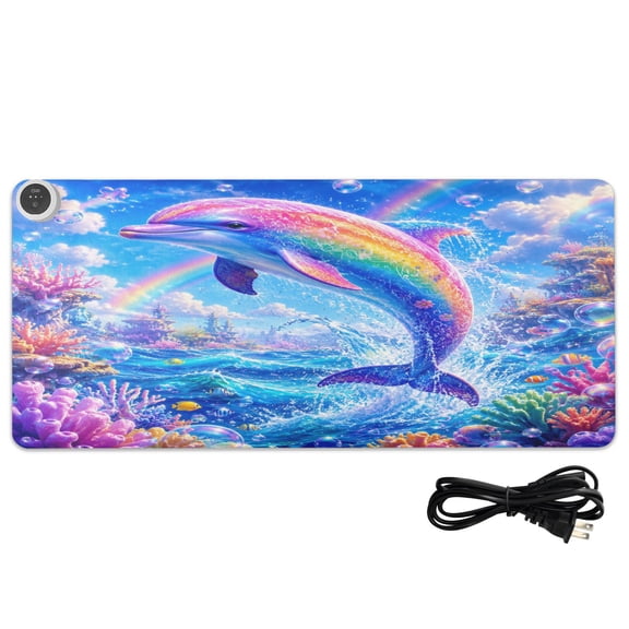 Large Heated Desk Mat Mouse Pad 31.5"x13"PU Leather Graphene Heating Desk Warmer with 3 Temperature Settings 110V US Plug Non-Slip Warm Pad for Home, Office, and Gaming Fantasy Rainbow Dolphin Sea