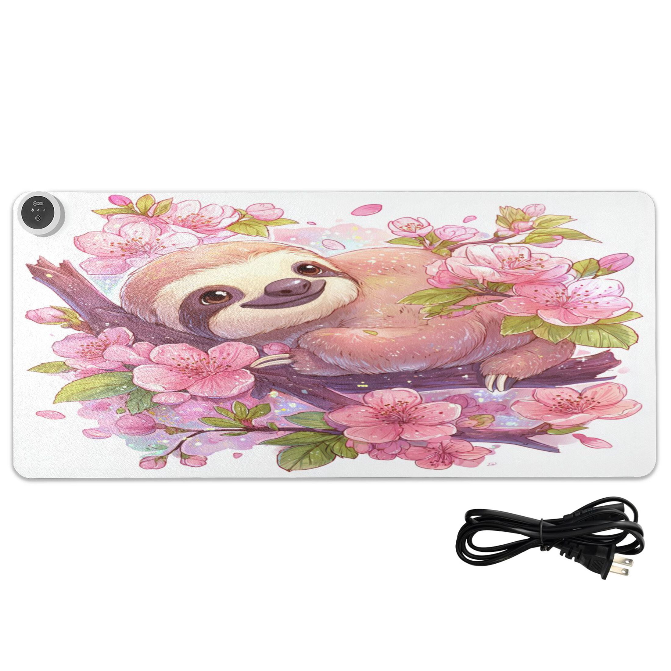Large Heated Desk Mat Mouse Pad 31.5"x13"PU Leather Graphene Heating Desk Warmer with 3 Temperature Settings 110V US Plug Non-Slip Warm Pad for Home, Office, and Gaming Sloth in Cherry Blossoms