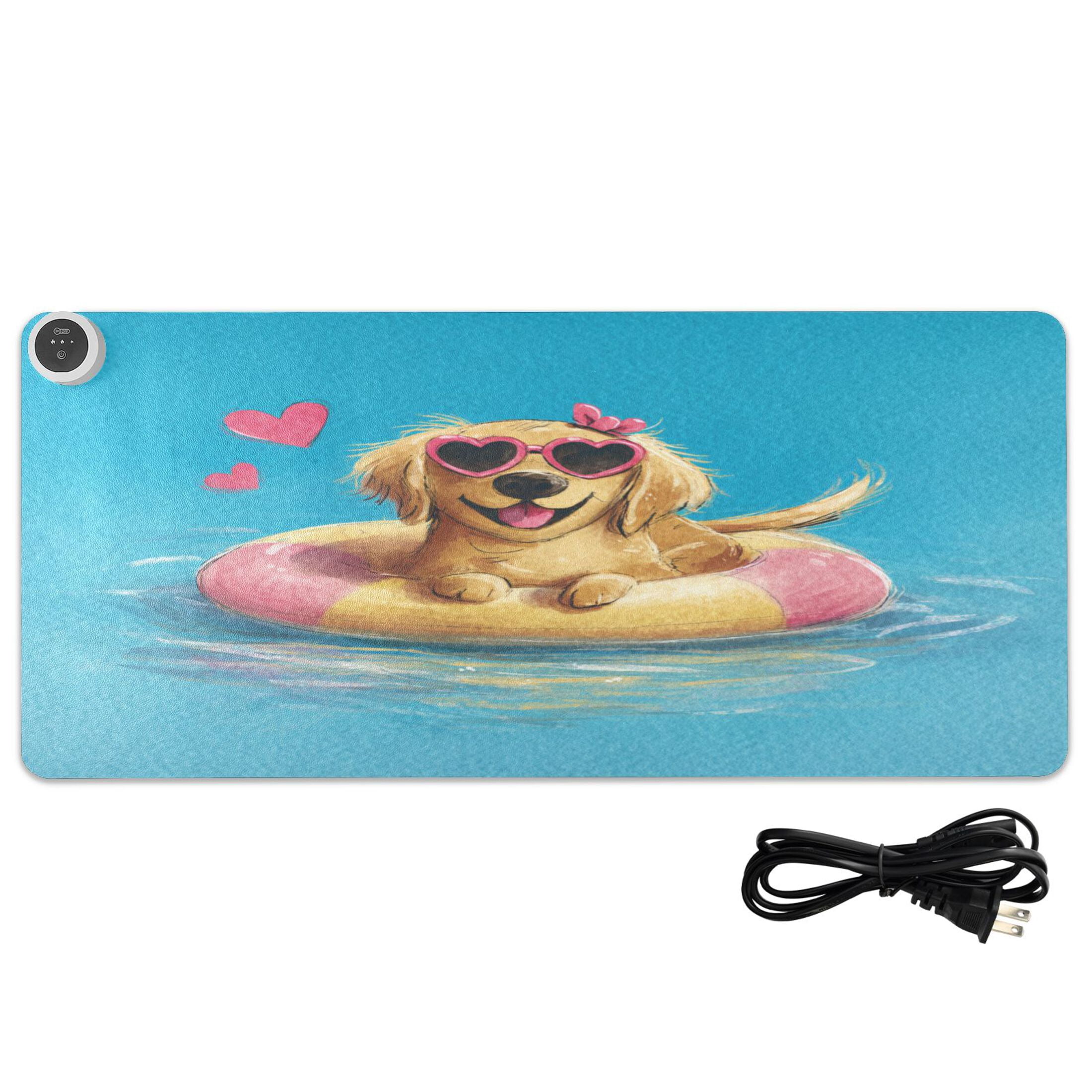 Large Heated Desk Mat Mouse Pad 31.5"x13"PU Leather Graphene Heating Desk Warmer with 3 Temperature Settings 110V US Plug Non-Slip Warm Pad for Home, Office, and Gaming Cheerful Watercolor Pool Pup