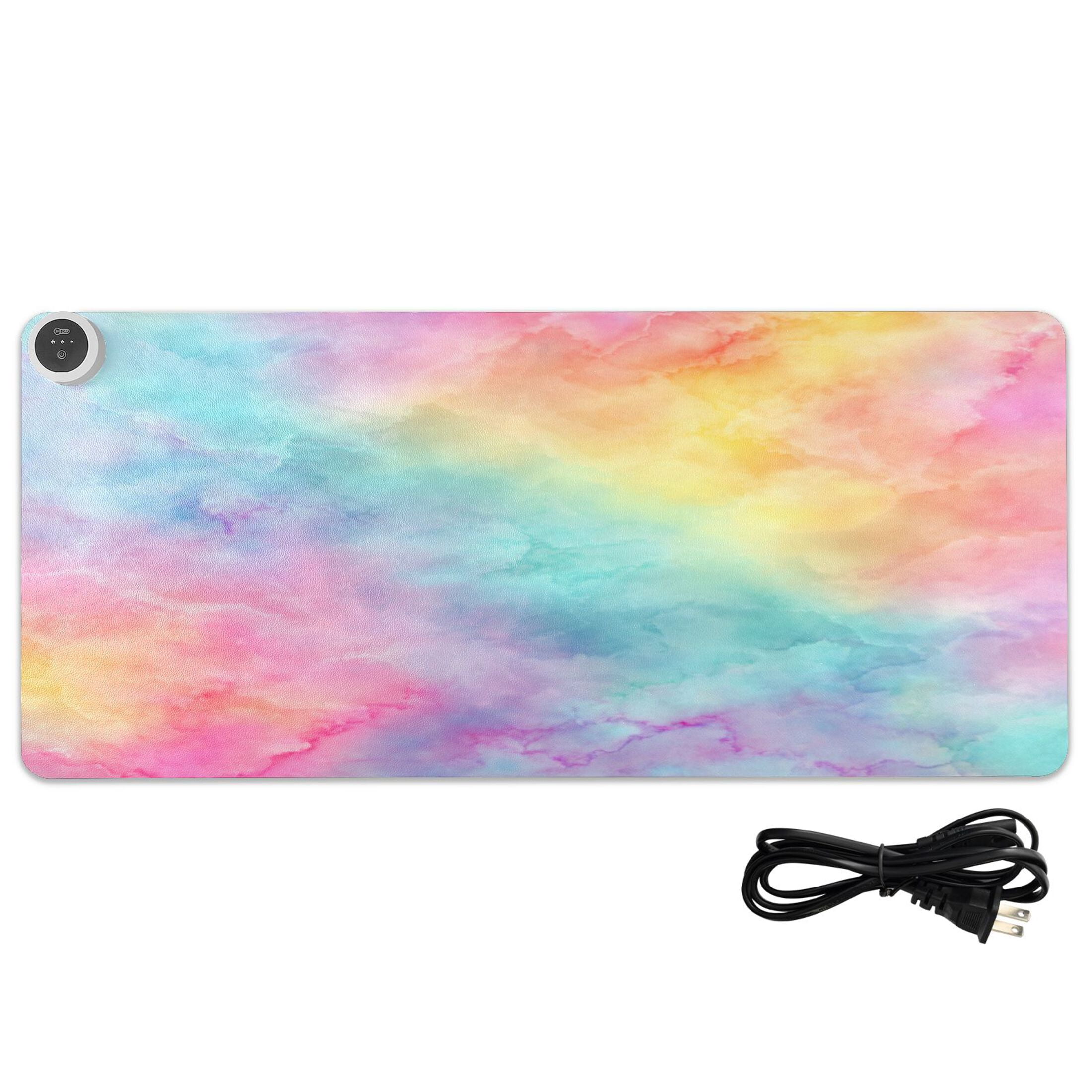 Large Heated Desk Mat Mouse Pad 31.5"x13"PU Leather Graphene Heating Desk Warmer with 3 Temperature Settings 110V US Plug Non-Slip Warm Pad for Home, Office, and Gaming Pastel Rainbow Tie-dye Pattern